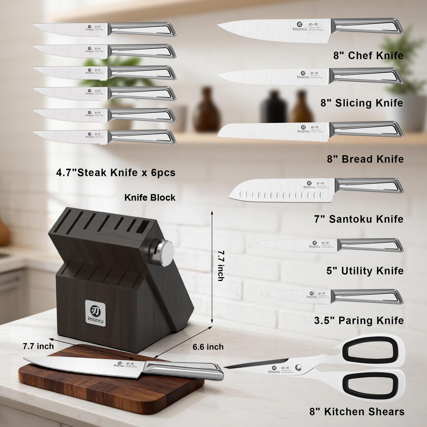 imarku Japanese High Carbon Stainless Steel Knife Set with Block, Precision-Forged Gyutou Kitchen Knives with Built-in Sharpener, Ultra-Sharp 10โ15ยฐ Edge, Ergonomic Non-Slip Handle, Dishwasher Safe