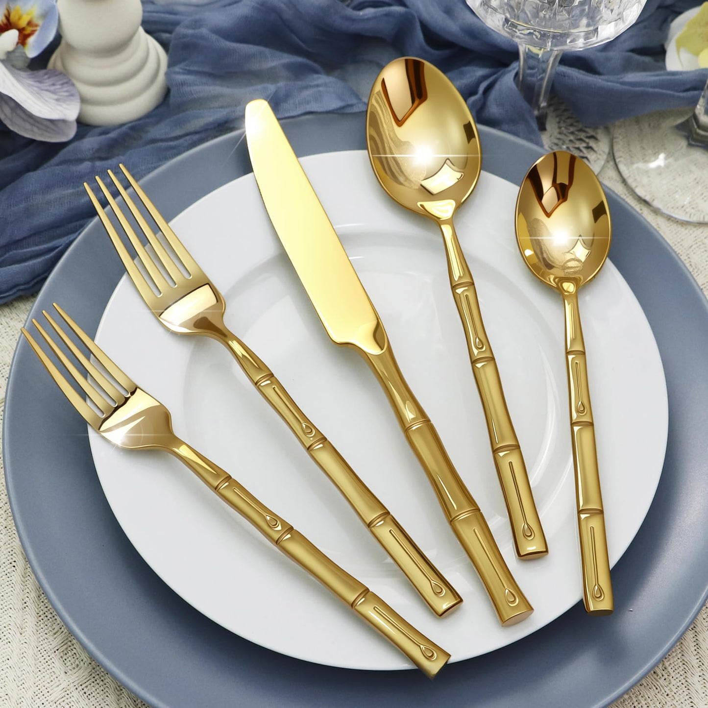 SILWELL Silverware 60-Piece Stainless Steel Mirror Polishing Gold Flatware Set Bamboo Pattern Cutlery Set Service for 12