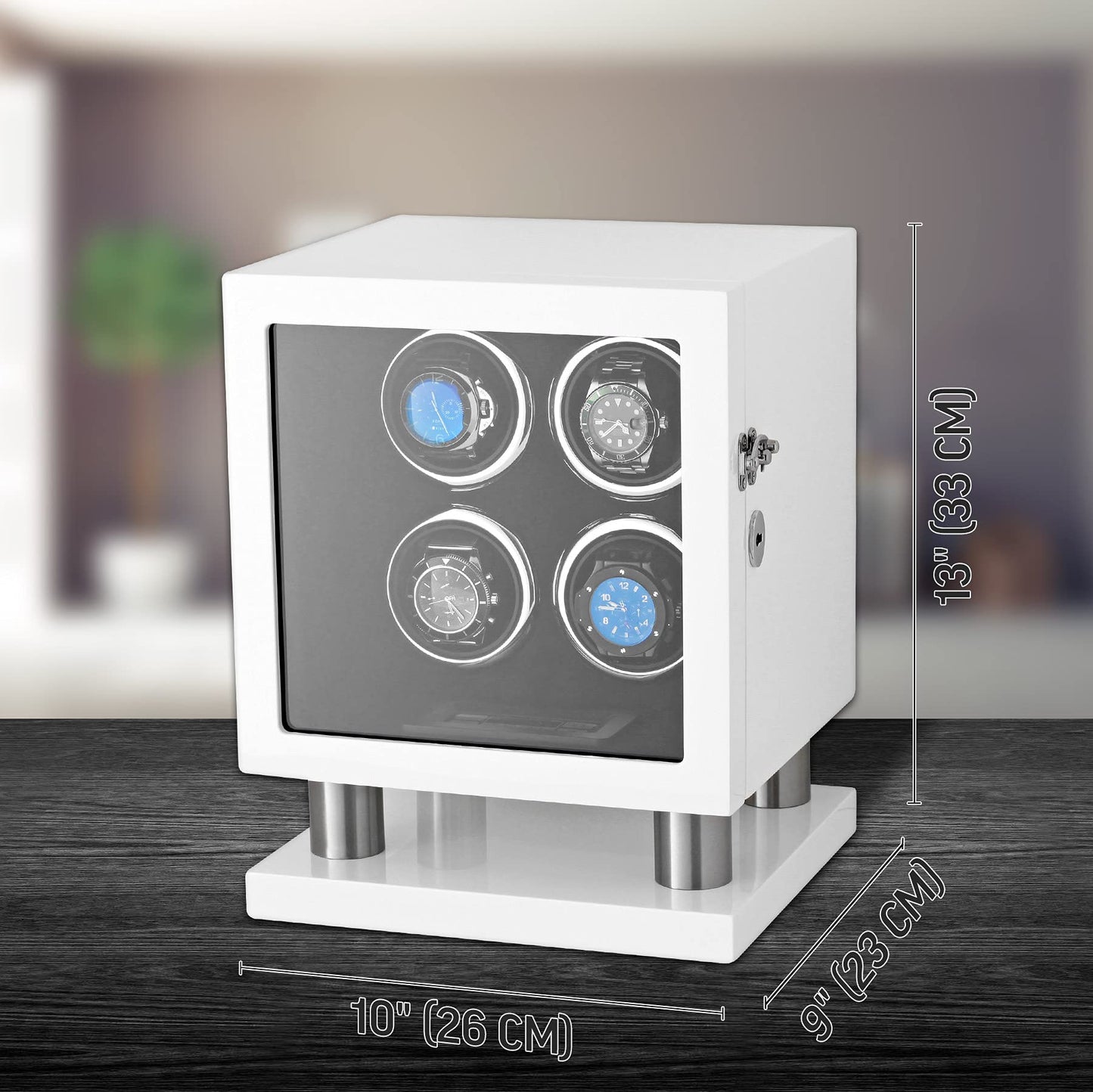 Watch Winder for 4 Watches with LED Backlight, LCD Display and Motor-Stop Option (White & Black)