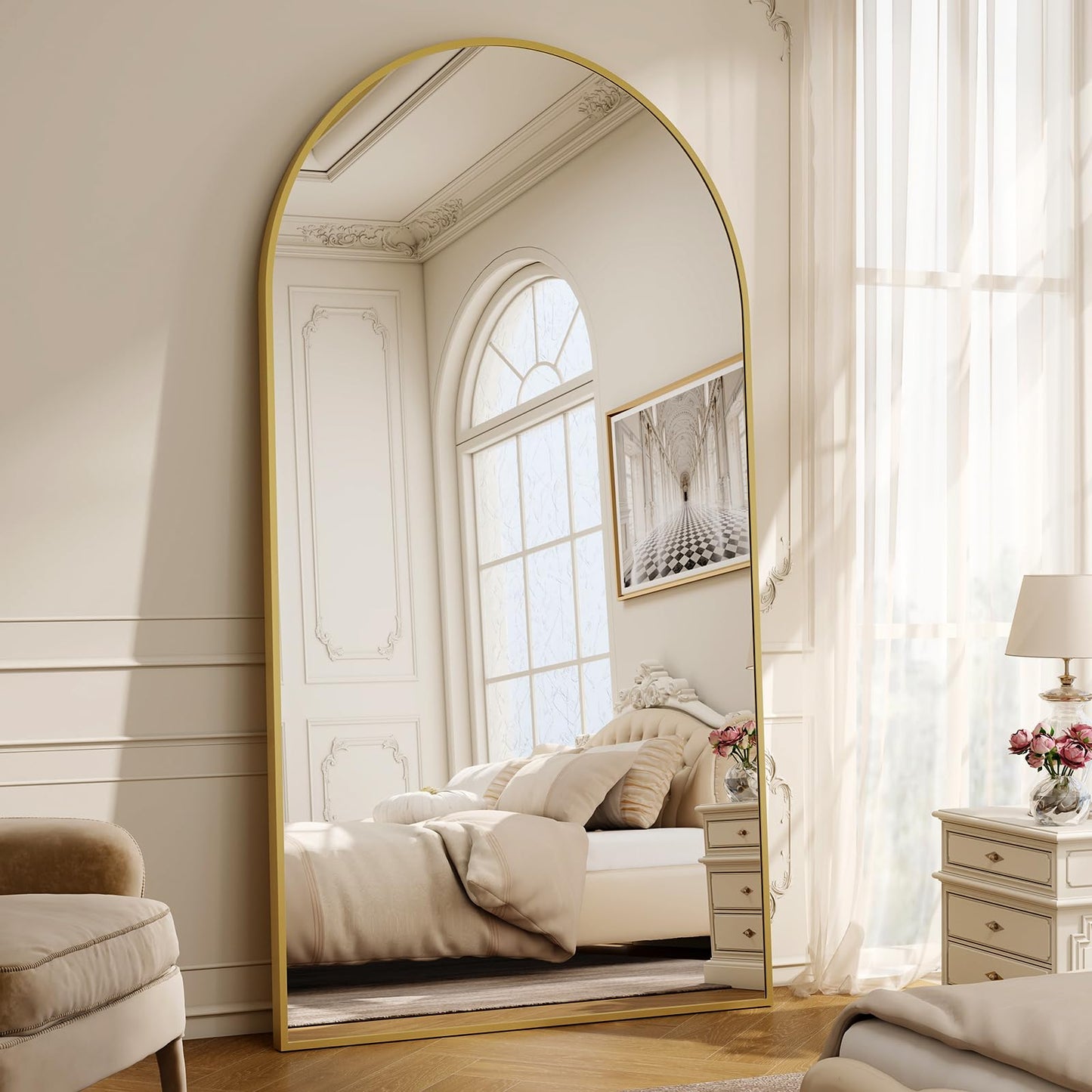Riskioir 86" x 40" Large Arch Full Length Mirror - Floor Full Body Mirror with Aluminum Frame - Standing, Leaning or Hanging, for Bedroom, Living Room, Gold