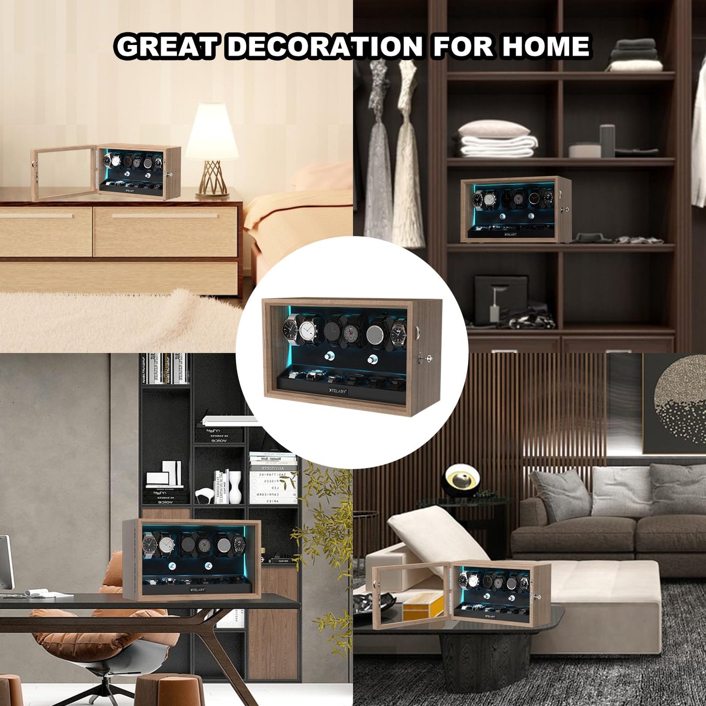 XTELARY Watch Winder for 6 Automatic Watches, Lockable Automatic Winders with Extra 6 Watch Storages, 4 Rotation Modes, Flexible Pillows, Quiet Mabuchi Motor, and Blue Backlight