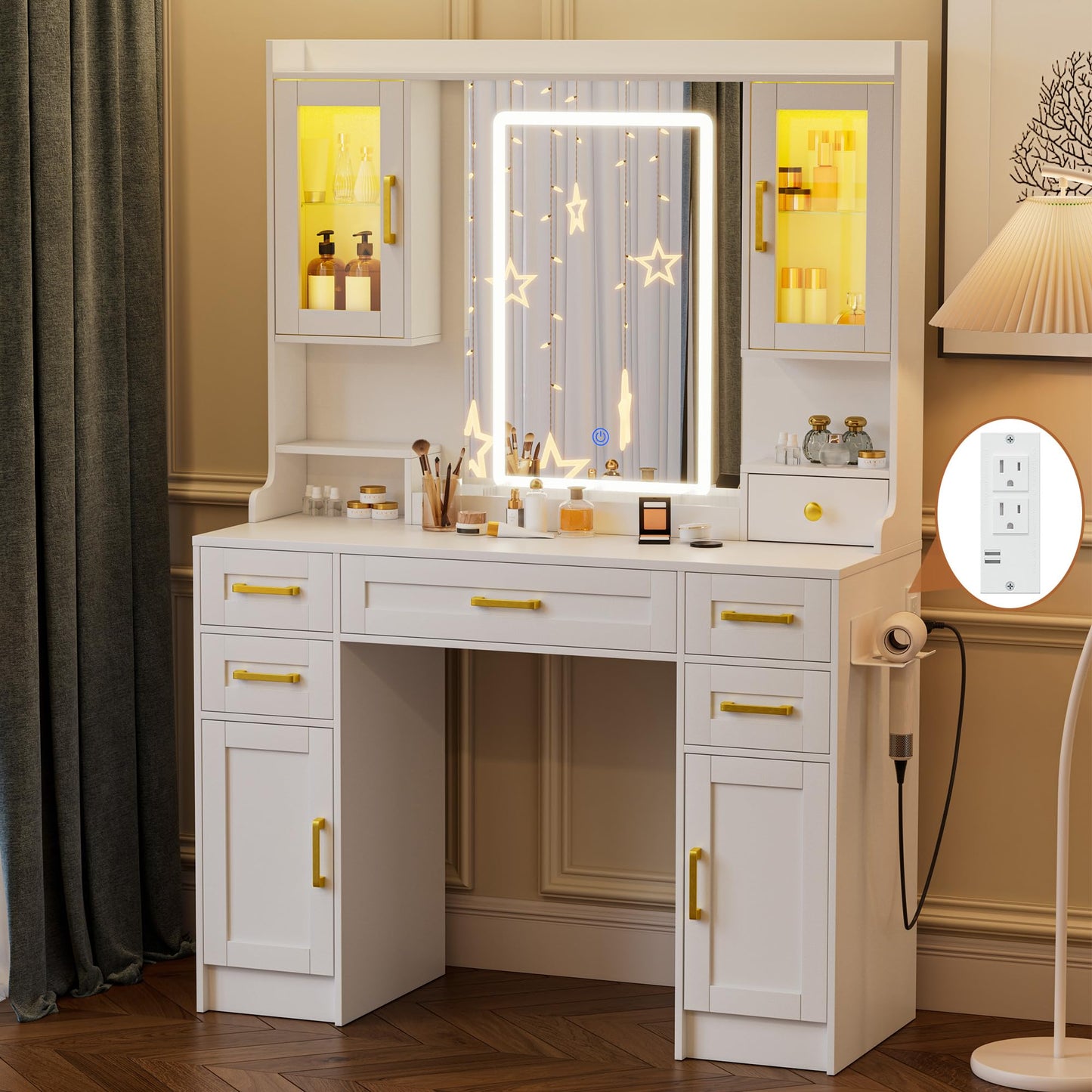 NUNU LAB Large White Vanity Desk with Mirror and Lights with 5 Drawers, Women Makeup Table with Power Outlet, 3-Color Adjustable Lighting for Bedroom Brown