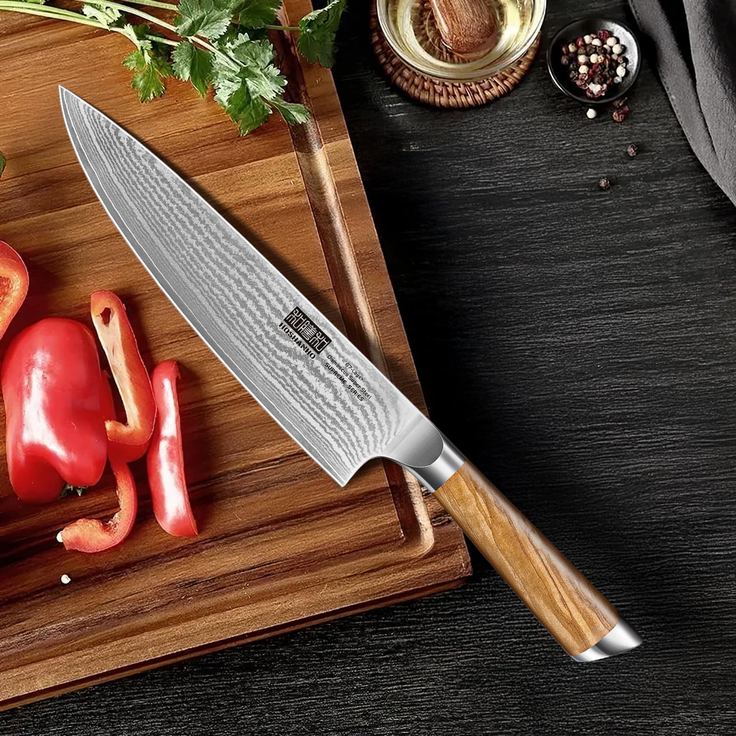 HOSHANHO 5 Pieces Kitchen Knife Sets, Ultra Sharp Professional Damascus Super Steel Chef Knives Sets with Ergonomic Olive Wood Handle, Including Chef, Bread, Santoku, Utility & Paring Knives