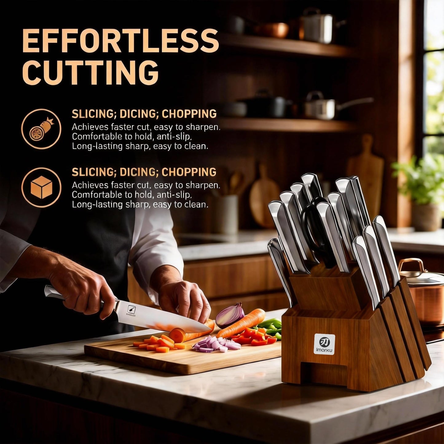 imarku Knife Set, Kitchen Knife Set with Block & Sharpener, 16PCS Japanese High Carbon Stainless Steel Ultra Sharp Knife Block Set, Ergonomic Non-Slip Handle, Dishwasher Safe, Perfect Gifts