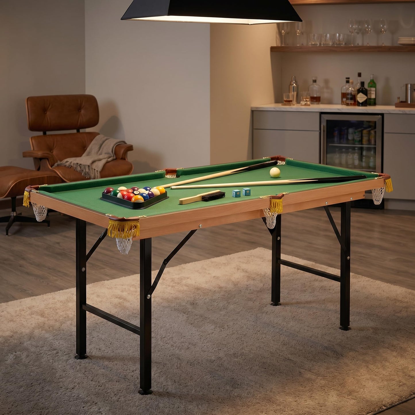 ComeWay 55" Portable Billiards Table with All Accessories, Foldable Pool Game Table for Whole Family Number Use with Cues, Ball, Rack, Chalk - Green
