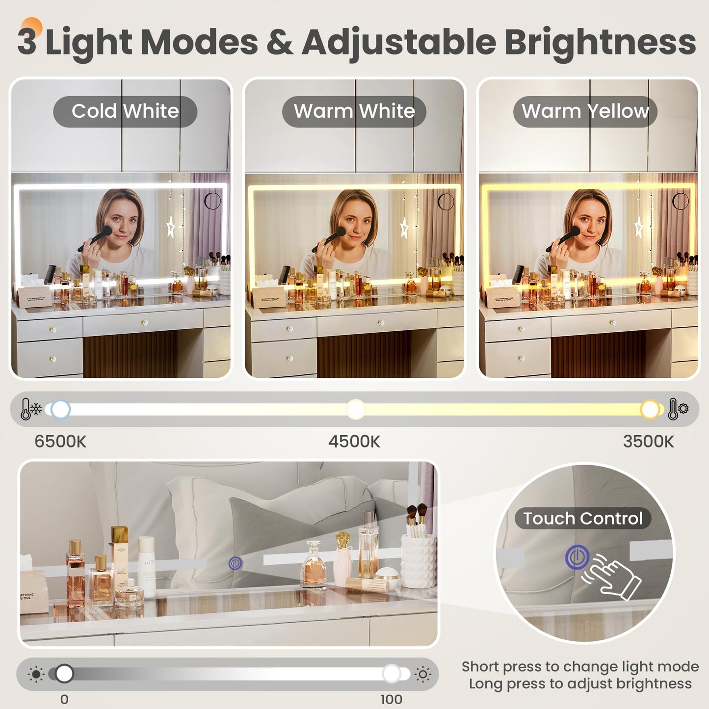 Pamapic Glass Top Vanity Desk with Crystal Handles, 11 Drawers Makeup Vanity with Mirror and Stool, 3 Lighting Modes Dressing Table, Power Outlet, Silent Slides, White