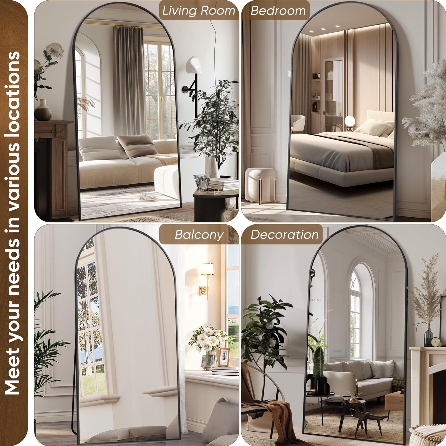 Antok 91" x46” Arched Full Length Floor Mirror, Black Aluminum Frame, Free Standing/Wall Mount/Leaning for Bedroom, Living Room, Dressing Room