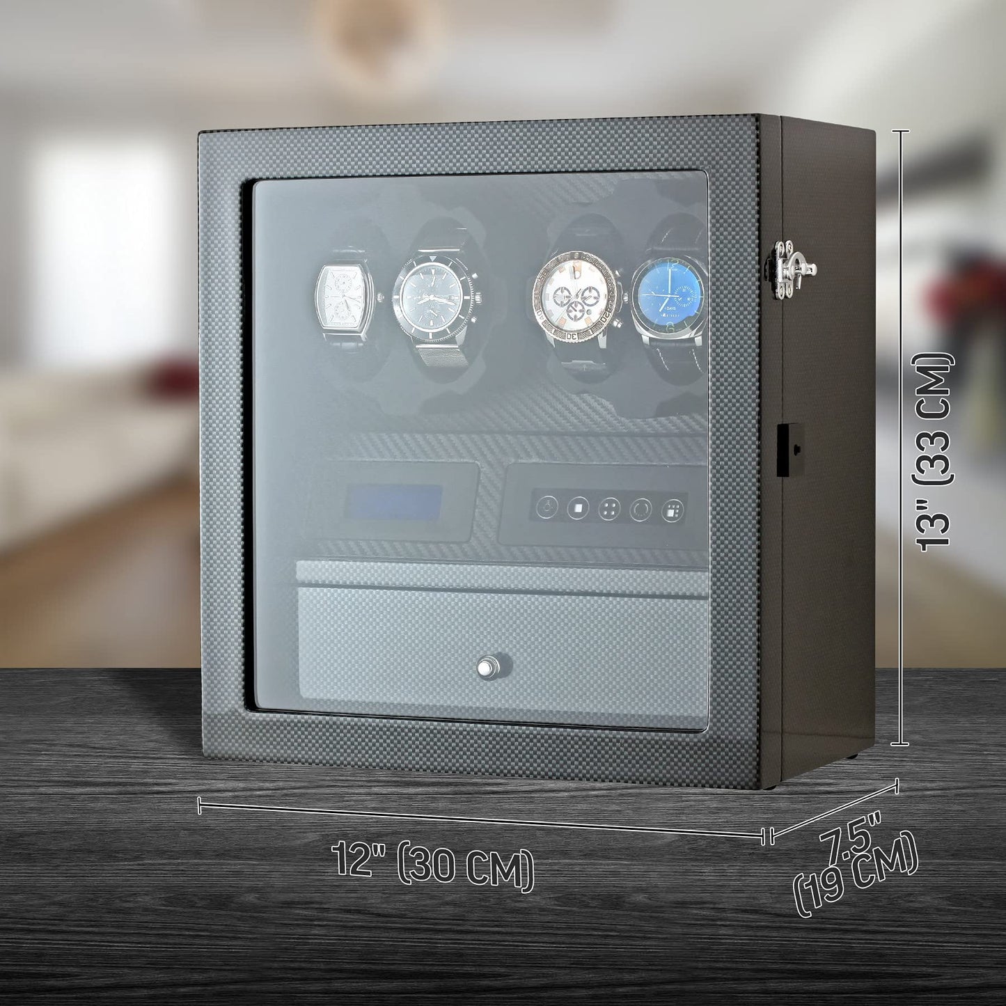 4 Watch Winder with 5 Watch Storage Space, LCD Display, Touch Control and Interior Light (Carbon + Black)