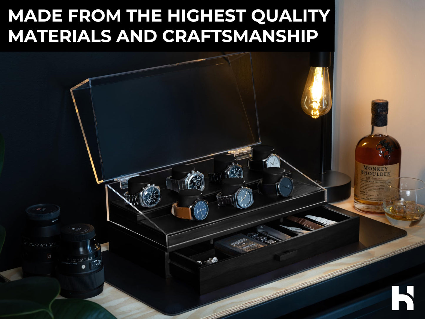 Premium 7 Slot Watch Box for Men - Large Wooden Watch Display Case with Hinged Cover, Leather Lining & Drawer - Watch Holder Organizer Stand - Handcrafted Luxury Birthday Gift for Men