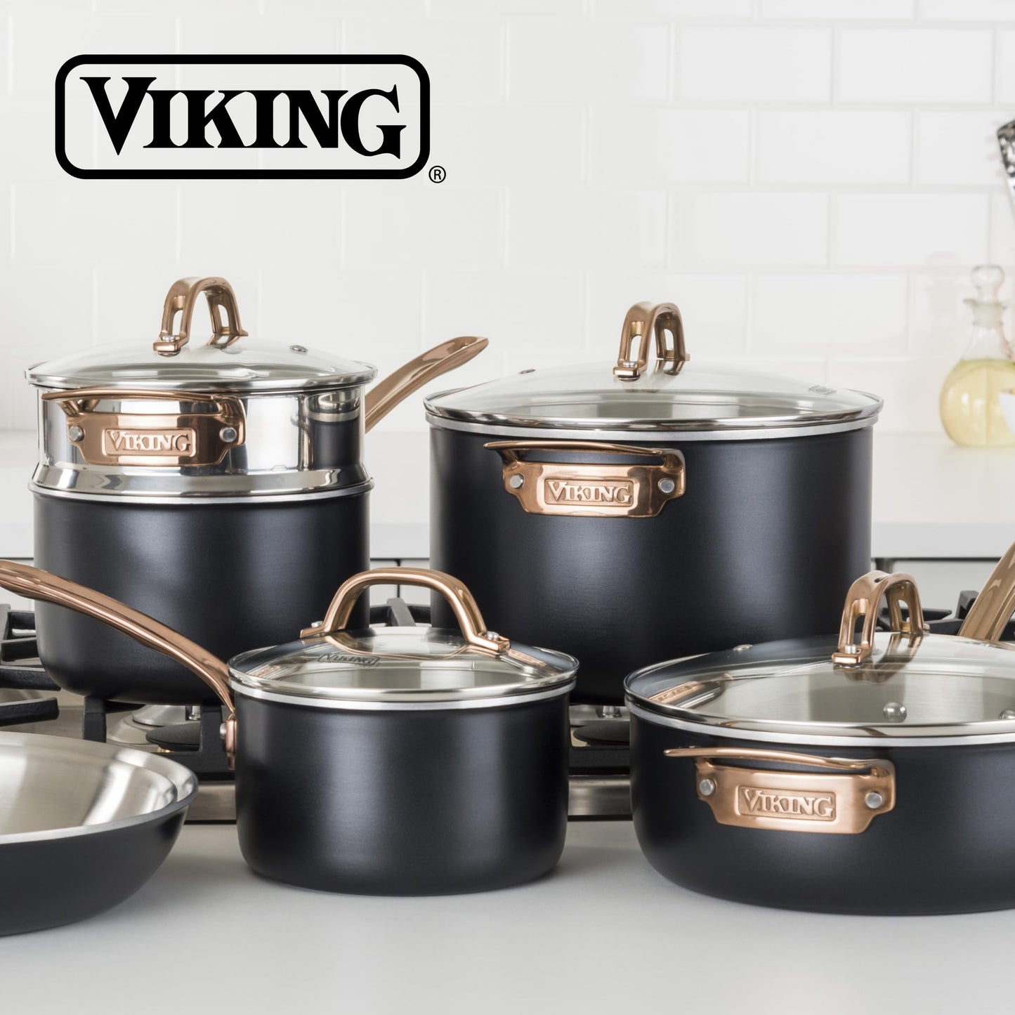 Viking 3 Ply Pots and Pans Set, 11 Piece Stainless Steel Kitchen Cookware with Glass Lids, Black with Copper