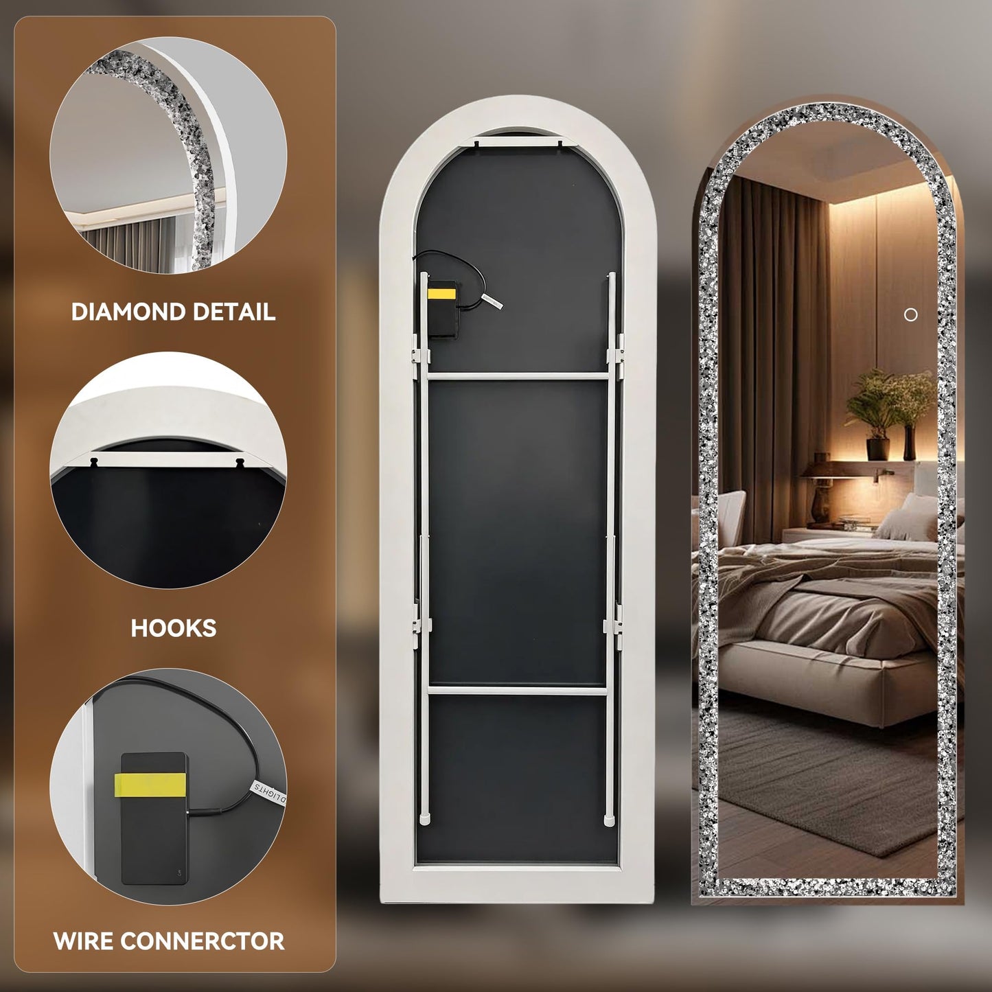 WINNICE 71"×24" Full-Length Mirror with Lights- Arch Crystal Crush Diamond Wall Mounted Hanging Diamond Mirror Leaning for Living Room Bedroom