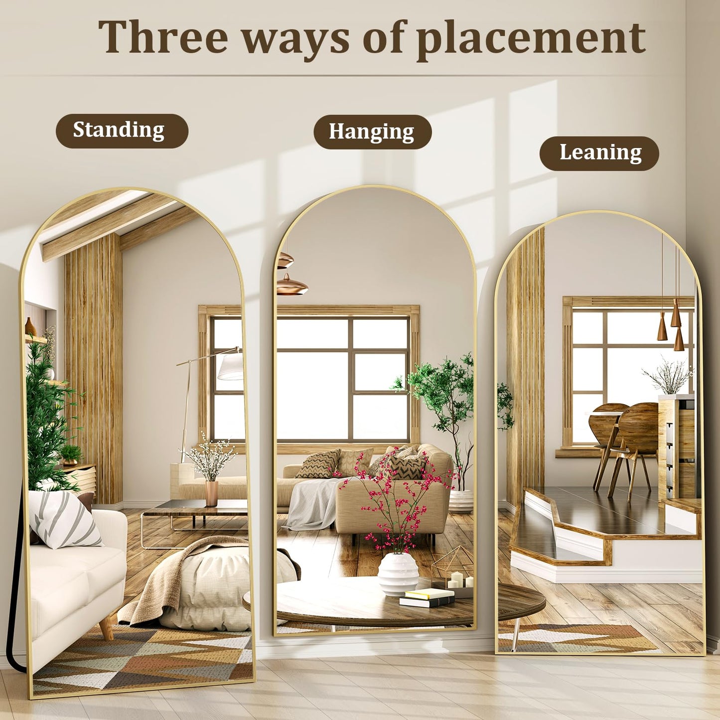 XRAMFY 86"x40" Arched Full Length Mirror Floor Mirrors with Aluminum Alloy Frame Free-Standing Wall Mounted Floor Mirrors or Large Dressing Mirror, Gold Mirror Full Length