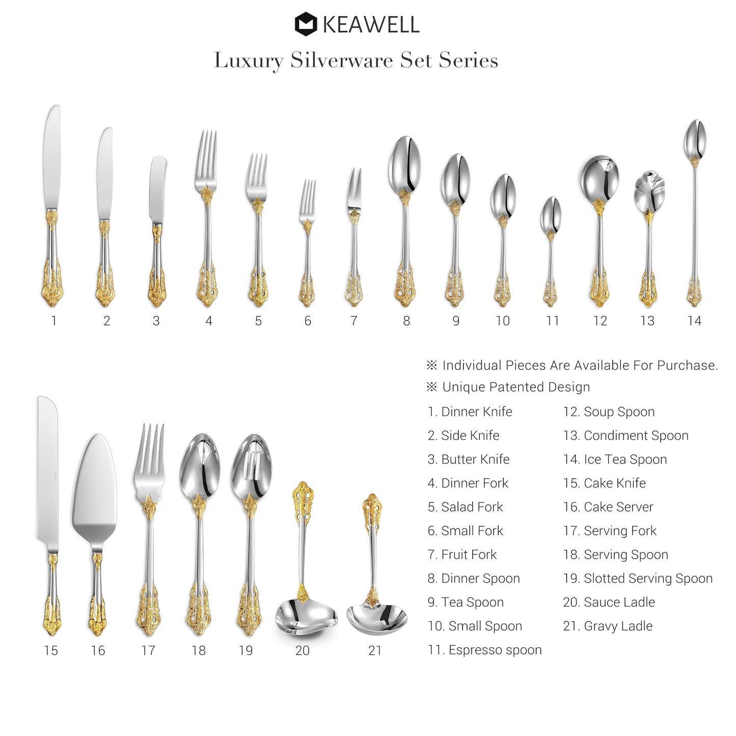 KEAWELL Luxury 65 Pieces 18/10 Stainless Steel Flatware set, Service for 12, silver plated with gold accents, Fine Silverware set and Dishwasher Safe