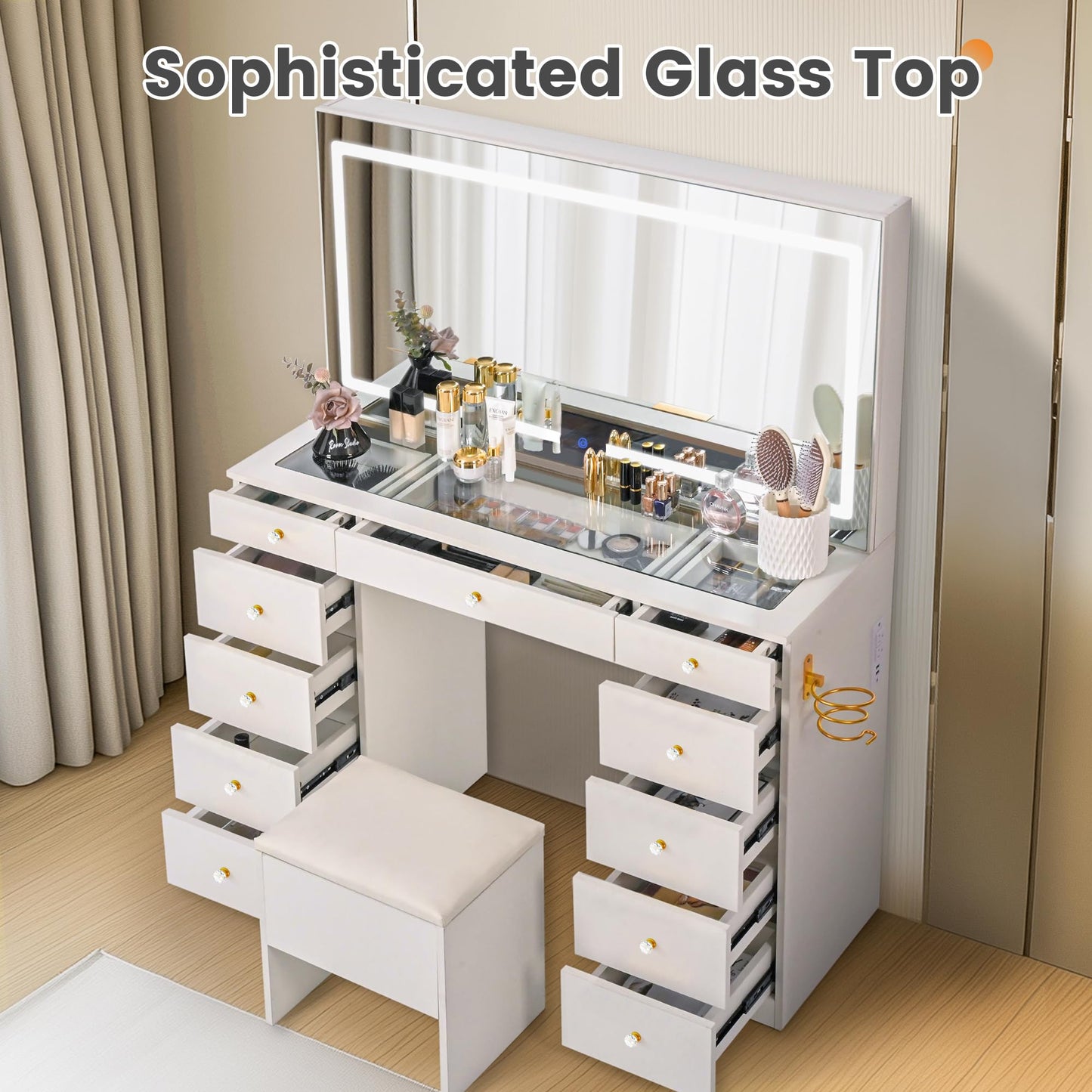 Pamapic Glass Top Makeup Vanity with Crystal Handles, 11 Drawers Vanity Desk with Mirror and Stool, 3 Lighting Modes Dressing Table with Charging Station, White