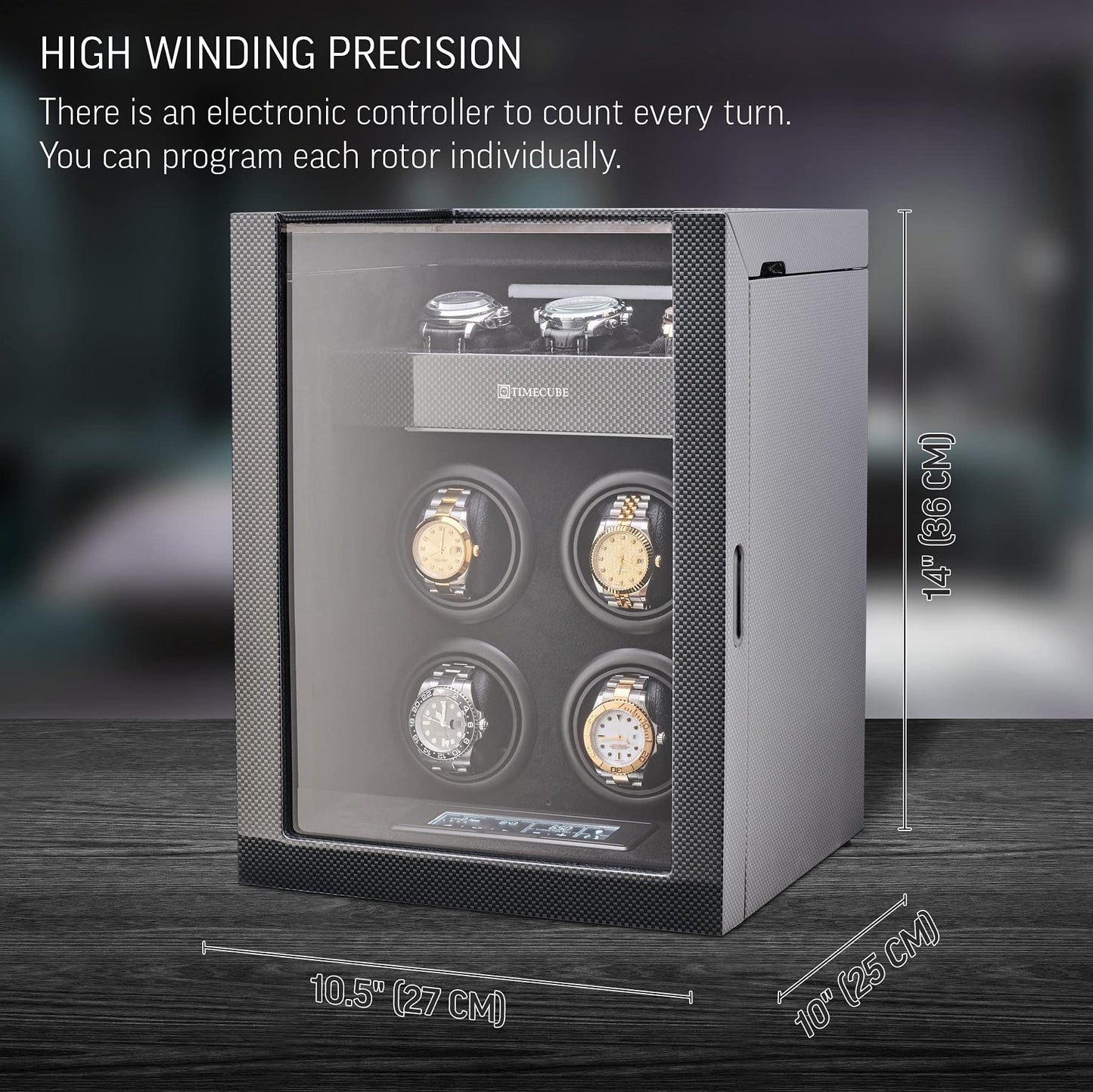 TIMECUBE Watch Winder for 4 Watches with 15 Winding Programs and 3 Watch Storage Slots (Carbon)