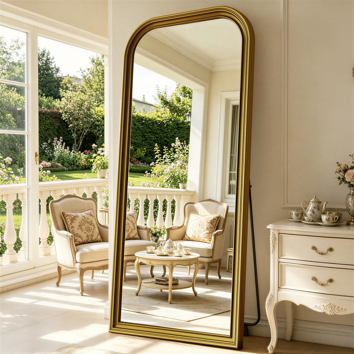 FlyEcho Full Length Mirror with Stand, 71"x32" Full Body Mirror, Floor Length Mirrors Wall Mounted with Rounded Top, Large Standing Mirrors, PU Frame, for Bedroom Living Room Cloakroom, Antique Gold