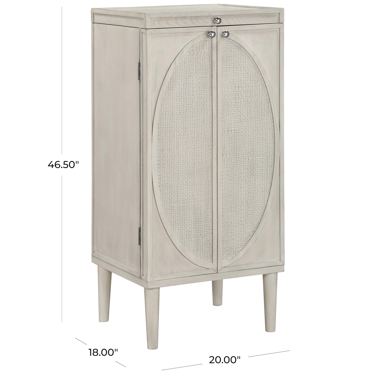 Deco 79 Wooden Geometric Washed Oval Rattan Front Armoire Jewelry 2 Door, 6 Drawer, and 32 Hook Cabinet with Mirrored Lift Top and Organizer Shelf, 20" x 18" x 47", Light Gray