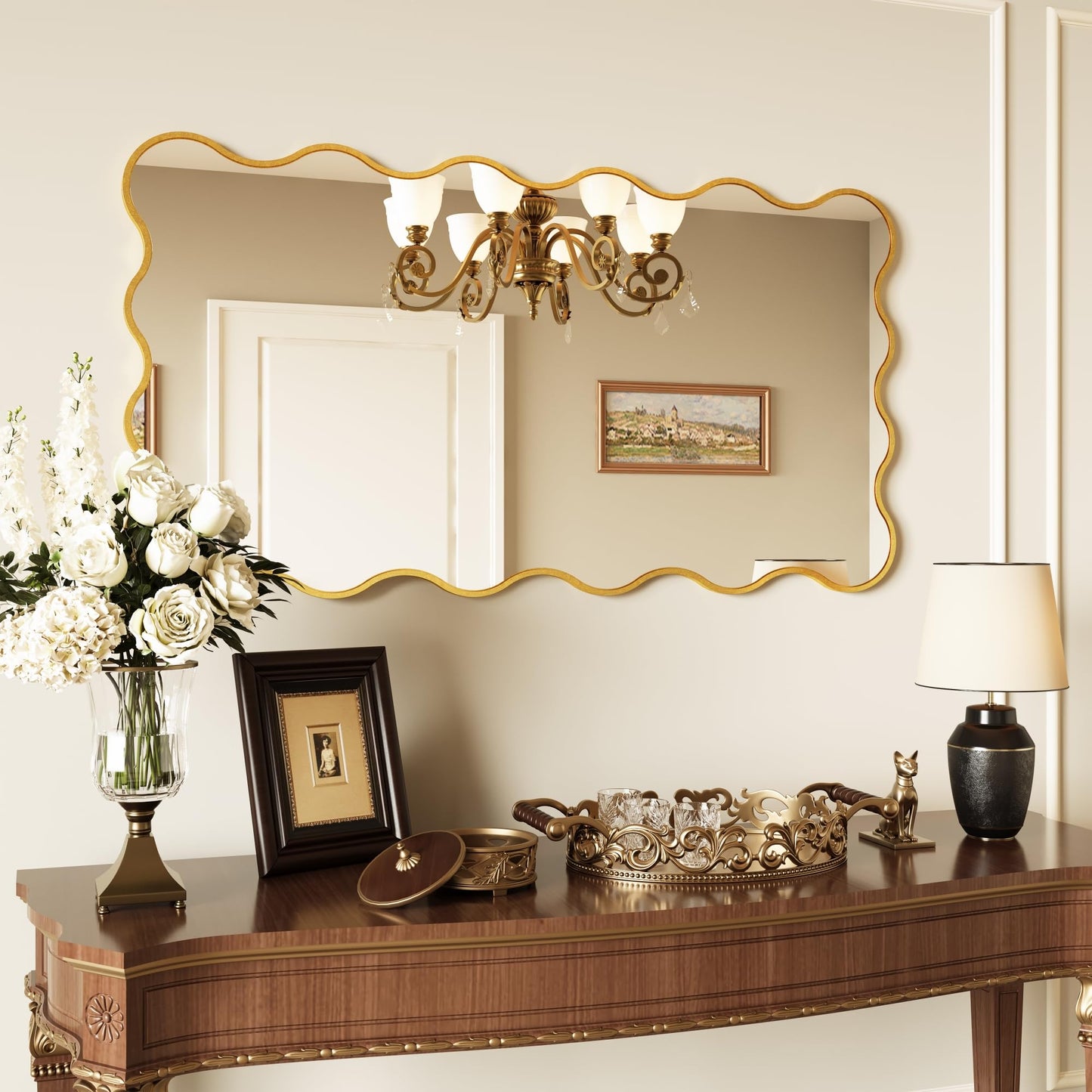 Kelly Miller 28x50 Inch Gold Scalloped Mirror, Large Rectangular Wavy Edge Bathroom Vanity Wall Mirror Decorative for Bedroom Living Room Entryway Fireplace Mantle
