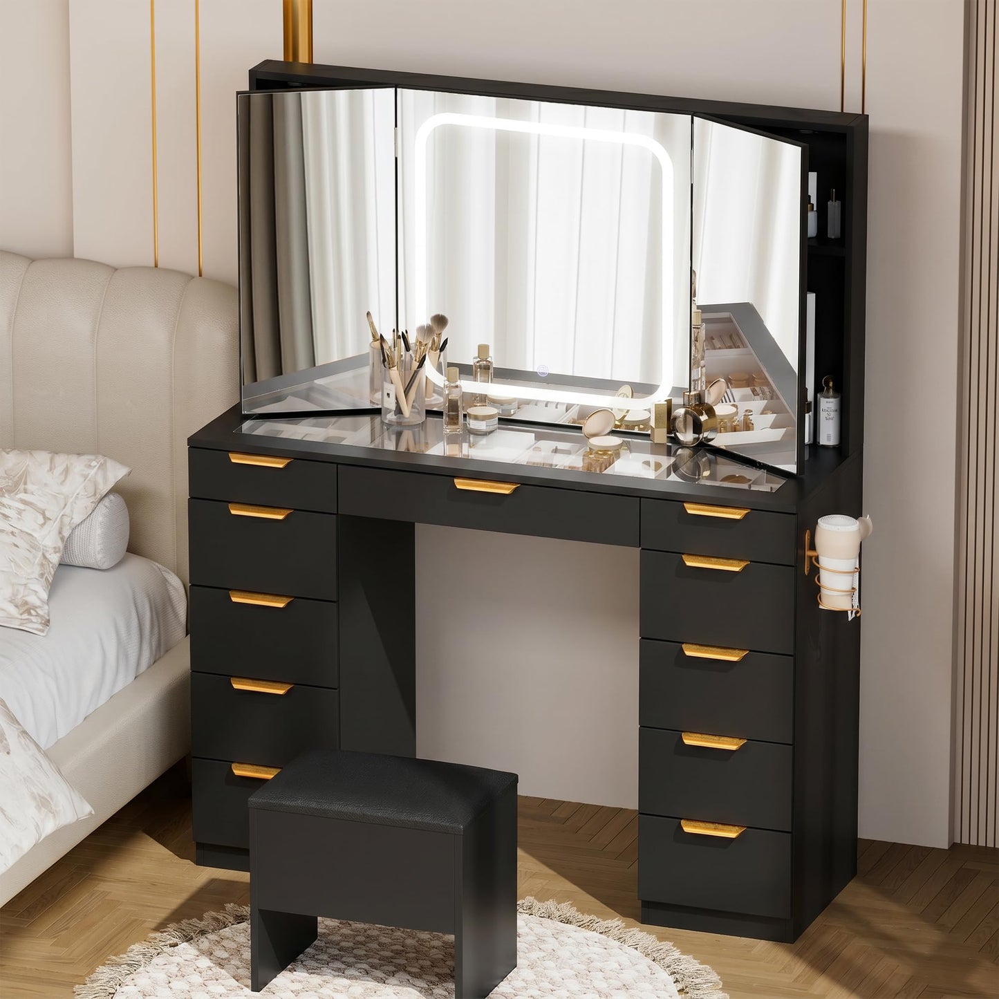Fkhouse Glass Top Vanity Desk with Foldable Mirror and Lights, 11 Drawers Makeup Vanity with Charging Station, 3 Lighting Modes Dressing Table with Chair, Black