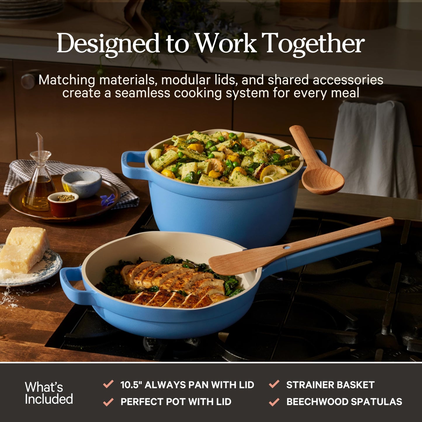 Our Place Cookware Duo | 7-Piece Ceramic Cookware Set with 10.5" Always Pan 2.0, 5.5 Qt Perfect Pot & Strainer Basket | Induction & Oven Safe up to 450°F | Nonstick, Non-Toxic | Forget-Me-Not Blue