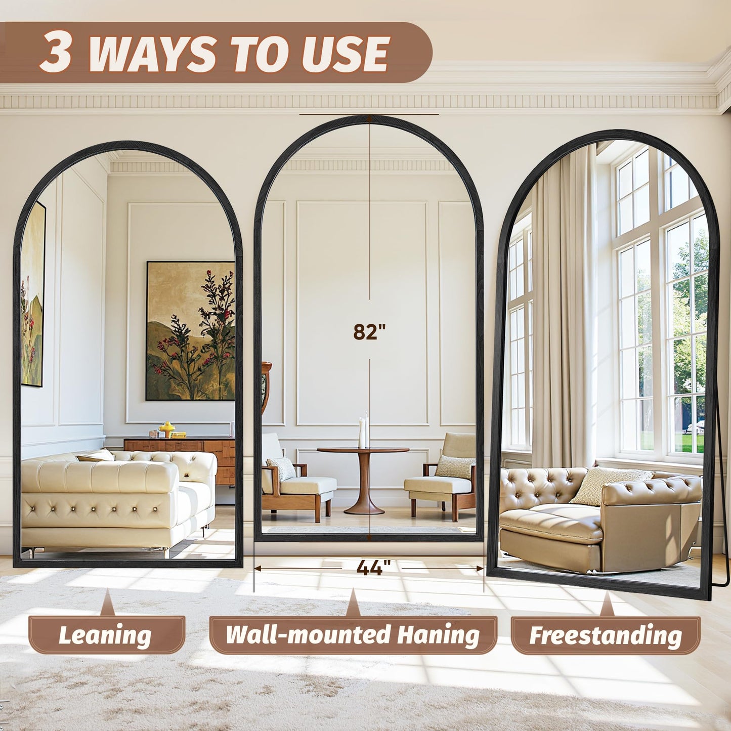 Full Length Mirror 82"×44" Floor Mirror Standing Tall Mirror, Arched Stand up Large Wall Mirrors, Freestanding Full Body Mirrors for Bedroom Living Room Wood Antique Style Black