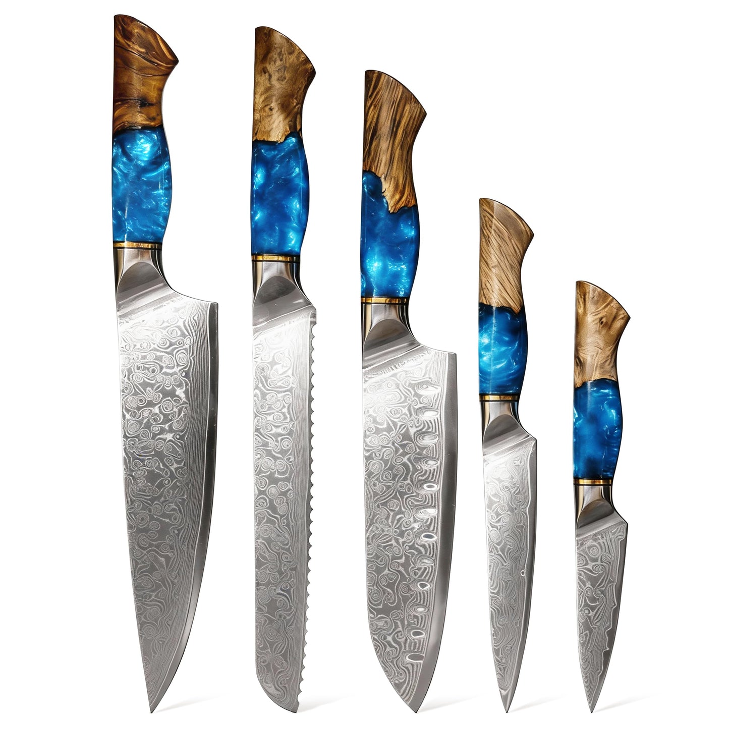 Seveat Damascus Kitchen Knife Set | 67-Layer Damascus Steel | Professional Japanese Chef Knife Set | Ergonomic Wood & Resin Handle | Gift Box Included (Blue, 5-Piece Set)