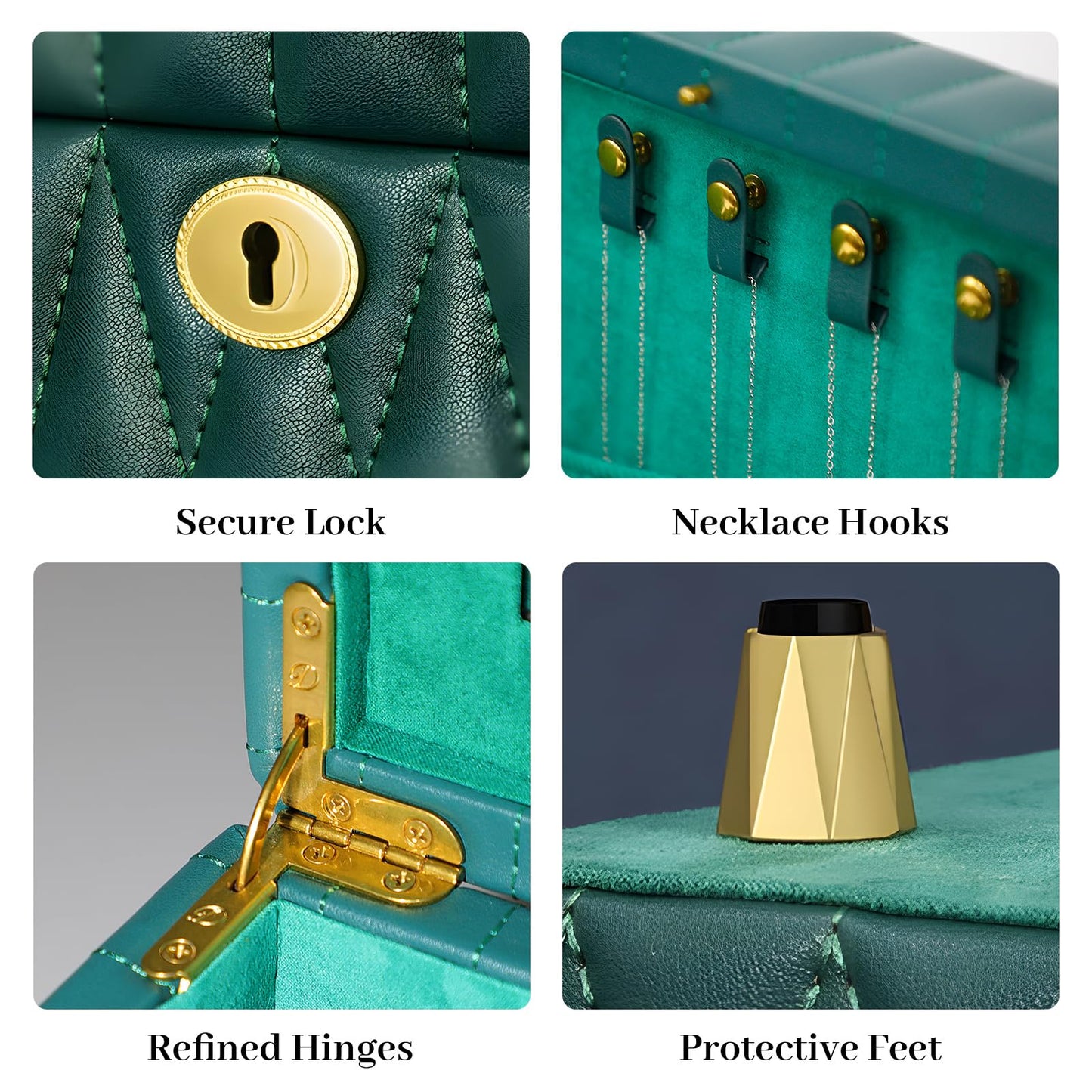 Homruilink Genuine Leather Jewelry Box – 3 Layer Large Jewelry Organizer with Mirror, Lockable Jewelry Box for Women – Necklace, Ring, Earring Organizer with Drawer - Ideal Gift (Green)