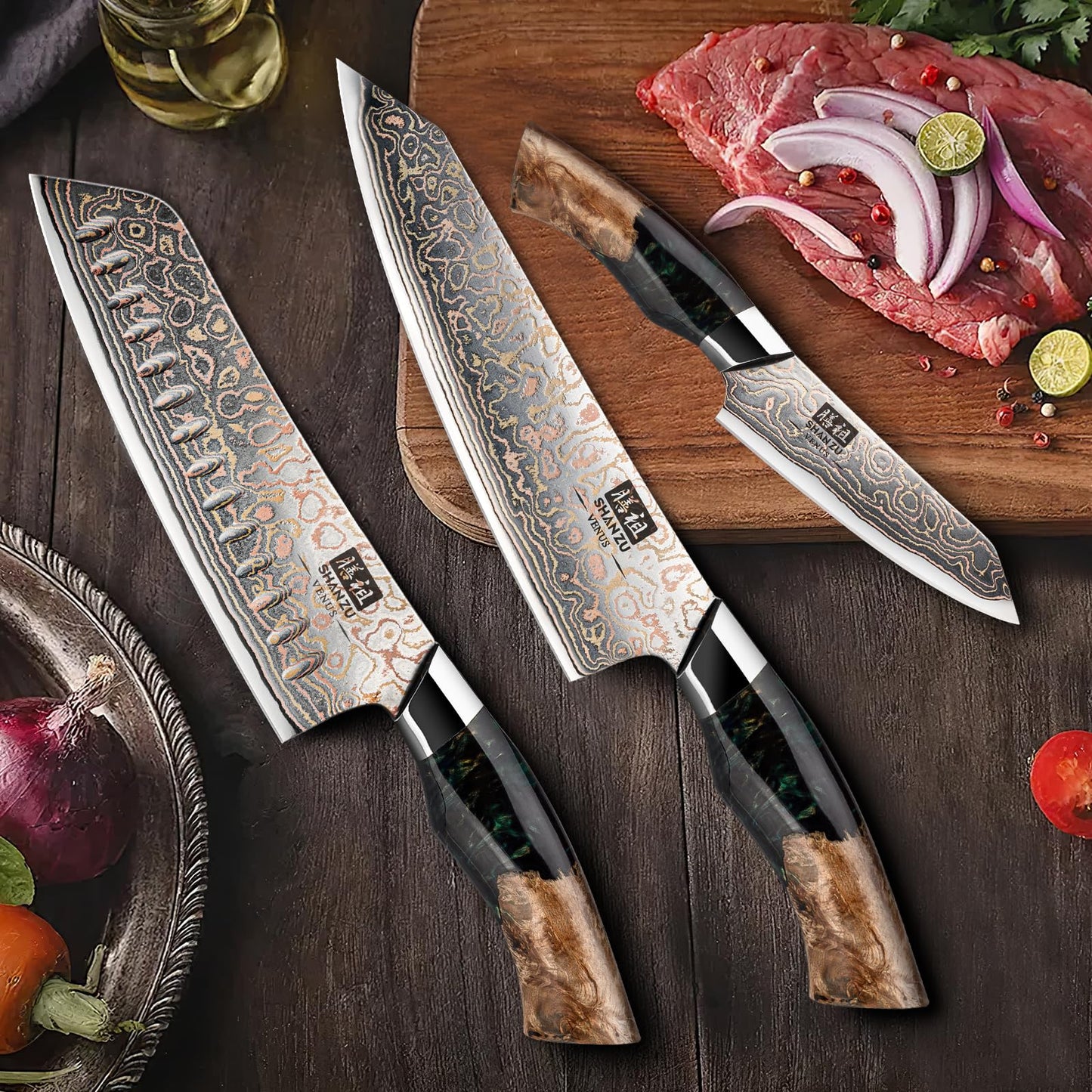 SHAN ZU Damascus Knife Set, Copper & Damascus Steel Japanese Kitchen Knives, High Carbon 33 Layer Hand Forged Utility Knife Professional Sharp Kitchen Knife with Maple Wood Handle