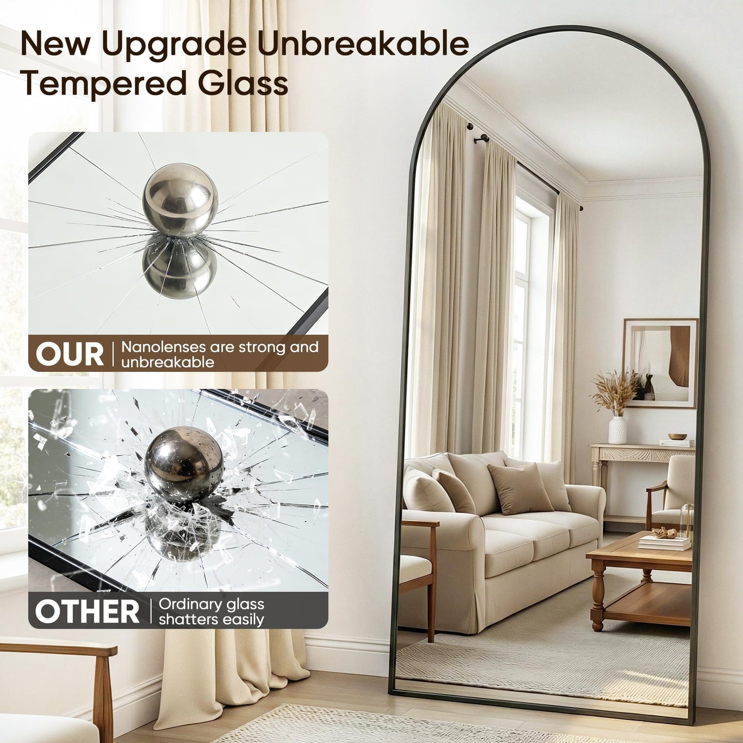 Antok Full Length Mirror, 44"x82" Floor Mirror with Stand, Hanging Mounted Mirrors for Bedroom, Living Room, Cloakroom, Dining Rooms, Black, Arched