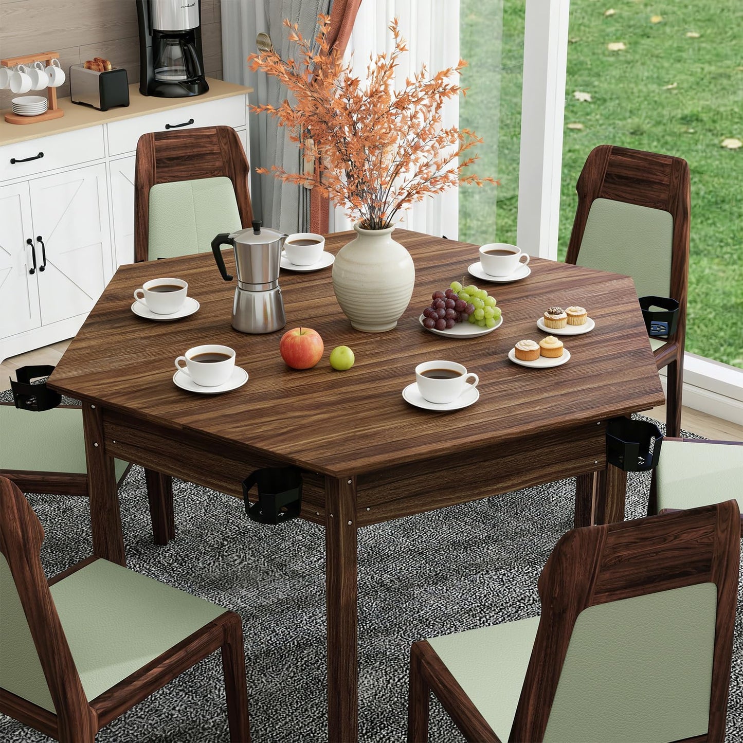 ComeWay Board Game Table with Rotating Cup Holders for 6 Players, Hexagon Gaming and Dining Table with Removable Table Top & Non-Slip Play Mat, Multifunctional Table with for DND/Poker/Card Games