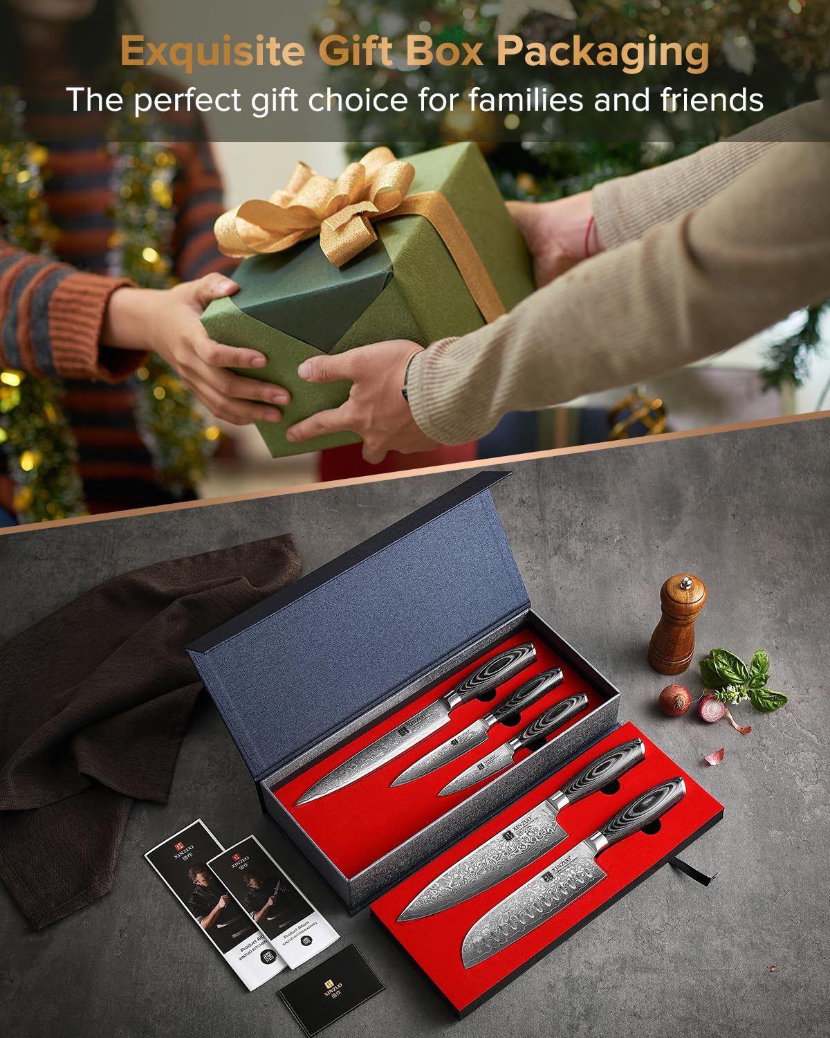 XINZUO 5-Piece Kitchen Knife,Super Sharp Damascus Steel Professional Chef Knife Set with Pakkawood Handle, Gift Box