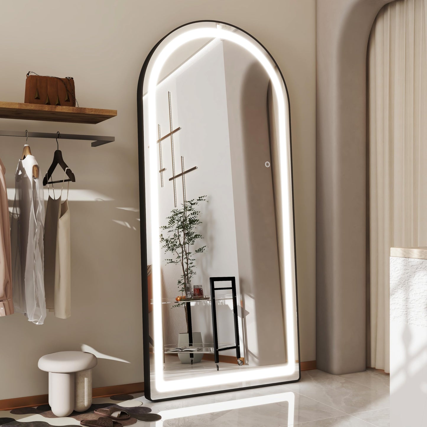 FENNIO Modern Arched Black 70" x 32" LED Full Body Wall Mounted Mirror with Lights for Bedroom, Salon, 3 Color Lighting, Tempered Glass, Brushed Aluminum Frame