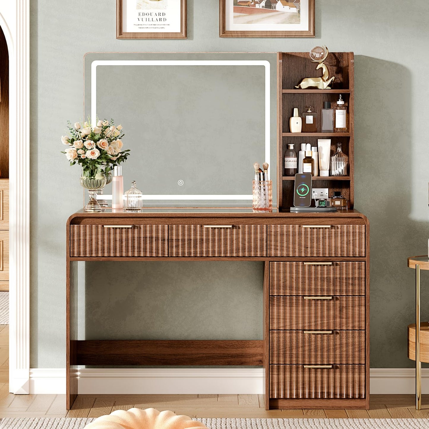 47“Makeup Vanity Desk with Mirror and Lights, Vanity Desk with 7 Drawers & Storage Shelves, Vanity Table with Power Outlet, 3 Color Modes & Adjustable Brightness Dressing Table, Bedroom,Brown