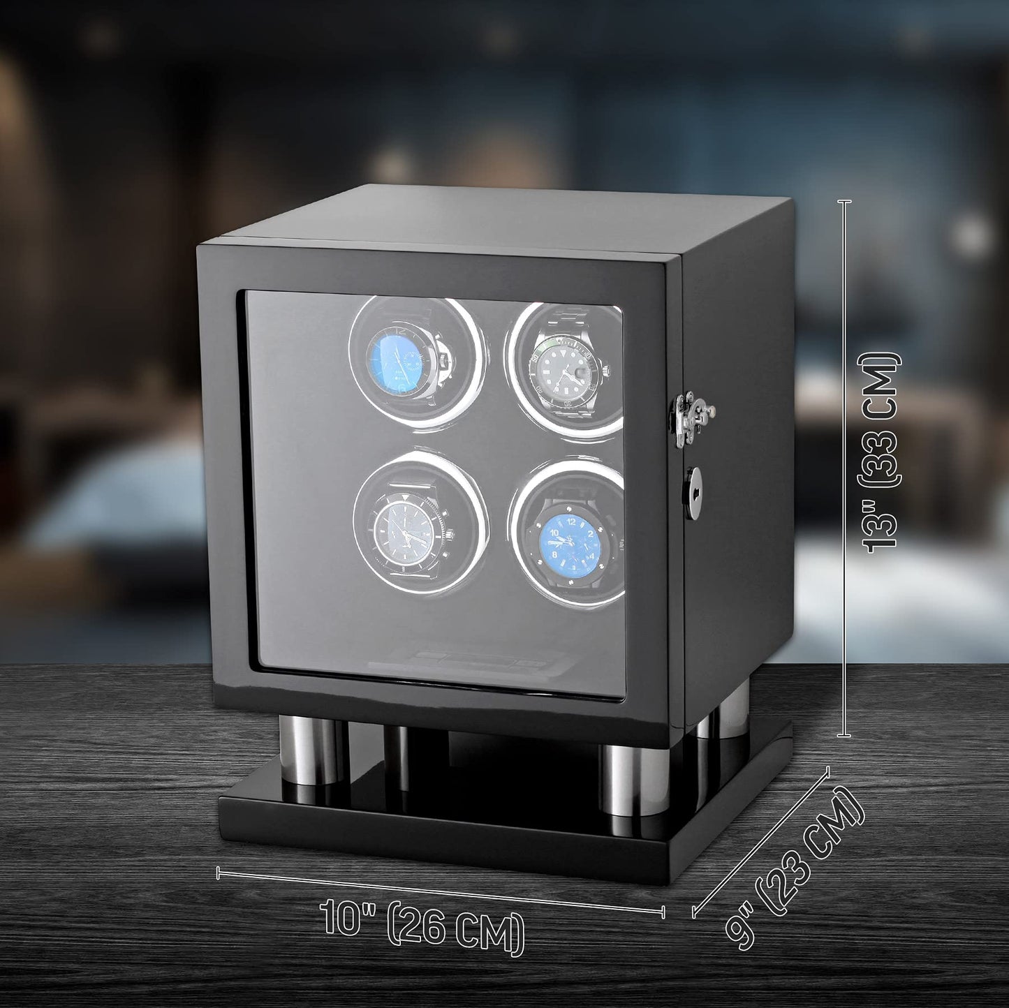 Watch Winder for 4 Watches with LED Backlight, LCD Display and Motor-Stop Option (Black & Black)