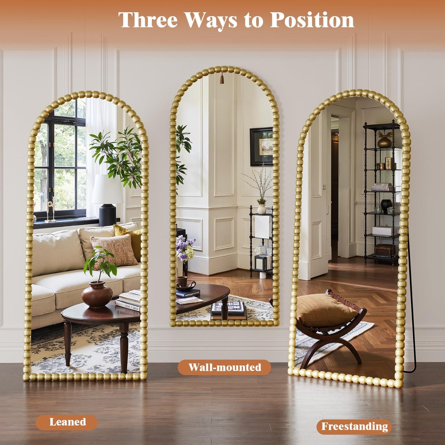 FlyEcho Arched Full Length Mirror, 71"x28" Antique Beaded Full Body Mirrors, Large Floor Mirror with Stand, Hanging Mounted for Bedroom Living Room Cloakroom Hallway Decor, PU Frame, Gold