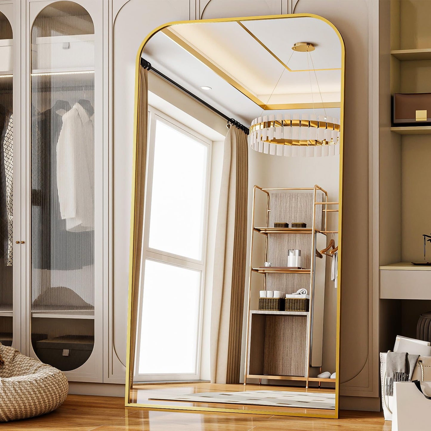 Riskioir Full Length Mirror 81"x41" Arched Floor Standing Large Mirrors Full Body Mirror with Stand - with Aluminum Frame for Bedroom Living Room, Gold