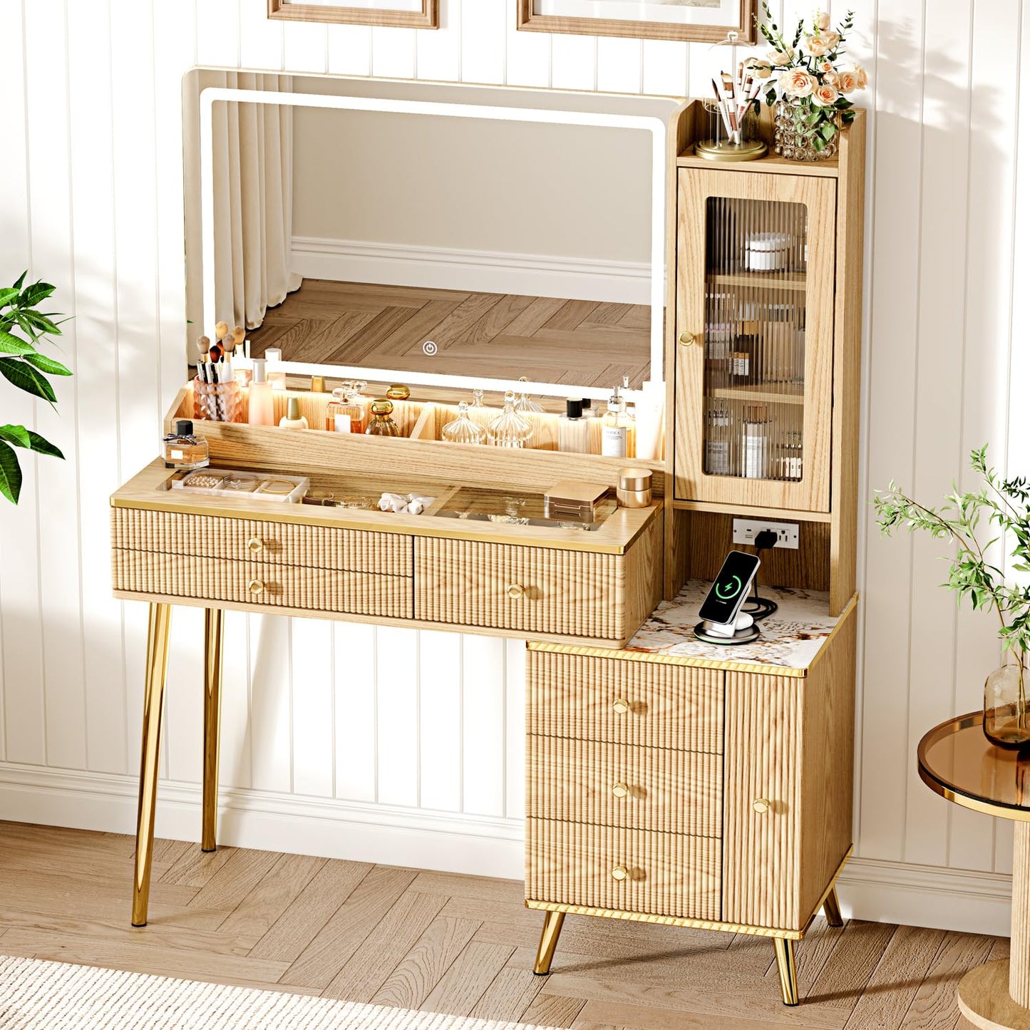 Arulvmrn Vanity Desk with 35.12" HD Lighted Mirror, 46.85" Big Modern Vanity Desk with Mirror and Lights, Makeup Vanity with 7 Drawers and Storage Shelves and Charging Station, Oak