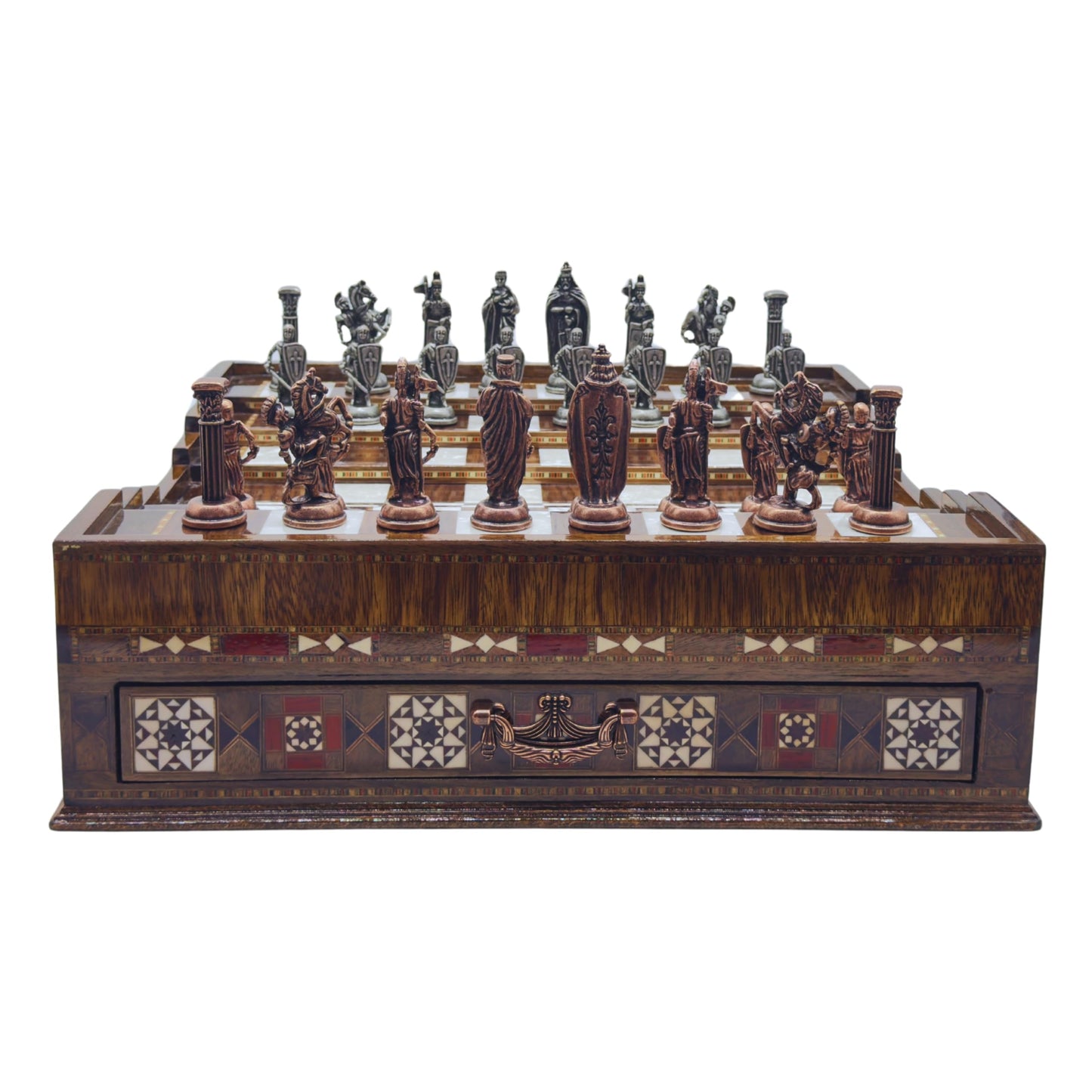 Luxury Handmade Wooden Chess Set with Metal Pieces – Large Walnut & Rosewood Chess Board with Storage Drawers – British Style Chess Pieces for Father’s Day, Birthday, or Christmas