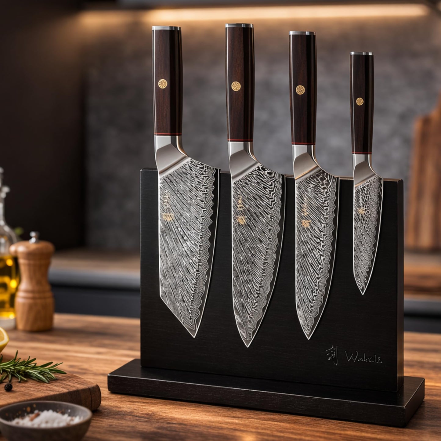 Wakoli Culinary Asia Damascus 4-Piece Knife Block Set with Magnetic Block – Professional Kitchen Knives made of 67-Layer Damascus Steel Blades & VG10 Core – Ergonomic Dark Oak Wood Handles in Gift Box