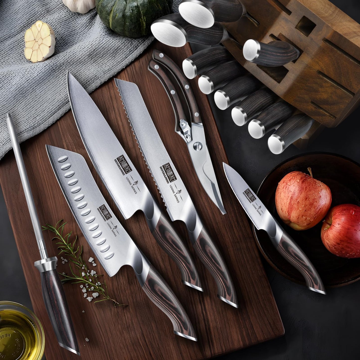 HOSHANHO 16-Piece Knife Set, Japanese High Carbon Stainless Steel Kitchen Knife Set, Ultra Sharp Chef Knife Block Set with Sharpener