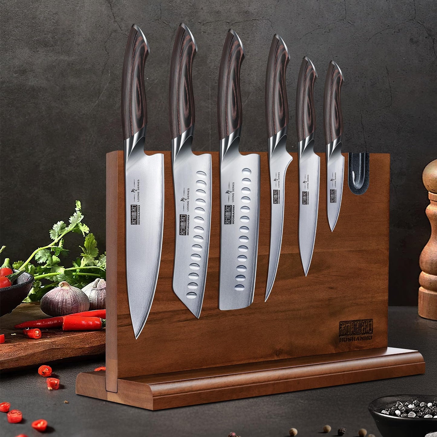 HOSHANHO 7 Pieces Kitchen Knife Set, Japanese High Carbon Stainless Steel Magnetic Knife Block Set, Ultra Sharp Chef Knives Sets with Ergonomic Pakkawood Handle