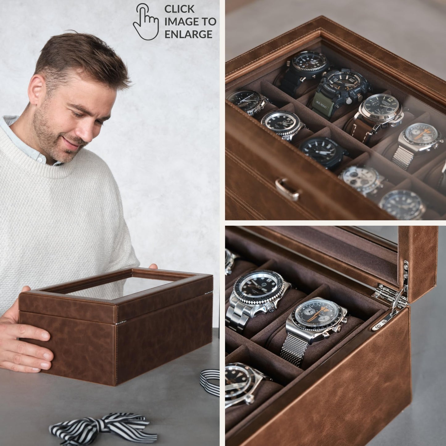 TAWBURY Bayswater 12 Slot Watch Box with Drawer (Brown) with a Set of 12 Small Pillows to Fit 6.6-7.1" Wrists