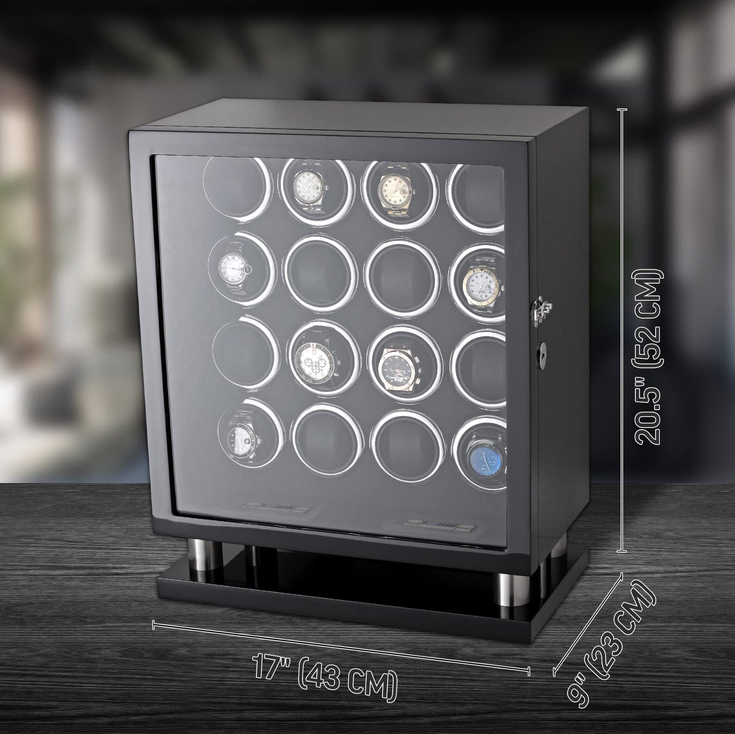 Watch Winder for 16 Automatic Watches with LED Light and LCD Touchscreen Control (Black + Black)