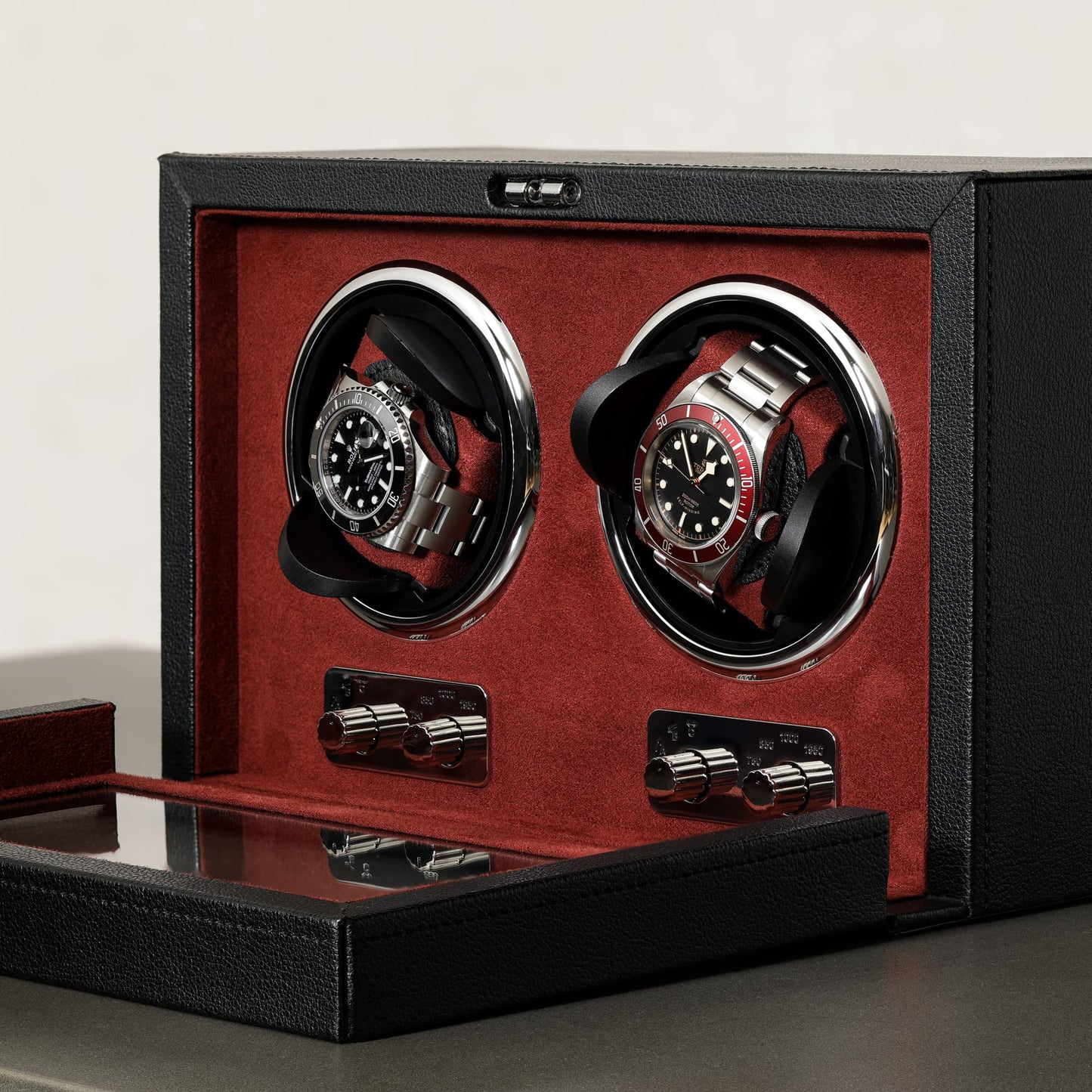 ROTHWELL Double Watch Winder for Automatic Watches with Quiet Motor with Multiple Speeds and Rotation Settings (Black/Red)