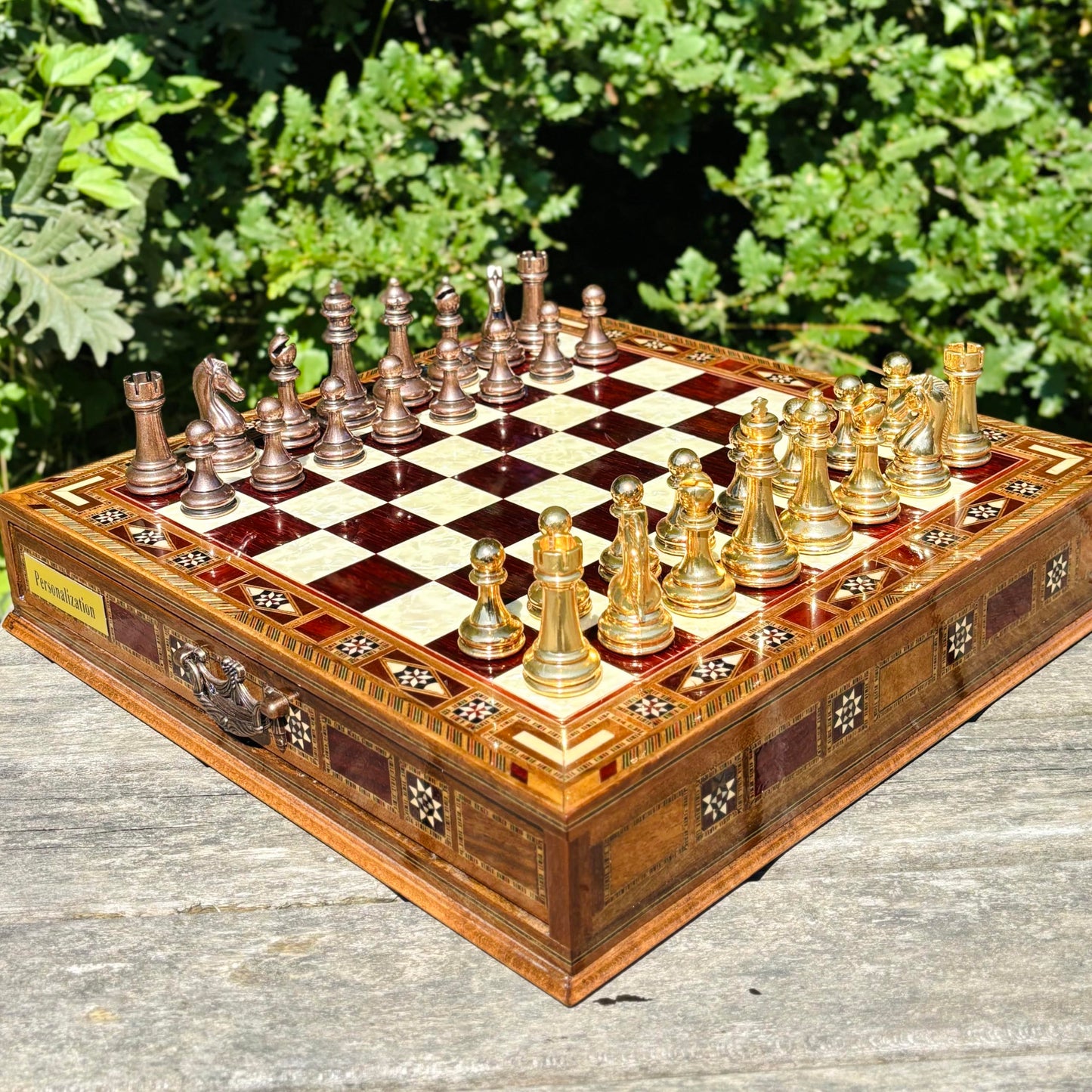 Handmade Luxury Chess Set – Metal Chess Pieces with Wooden Storage Board – Premium Classic Chess Game for Adults and Kids – Ideal Gift for Men and Women (Large: 38 x 38 x 7.5 cm (15”x 15” x 3”))