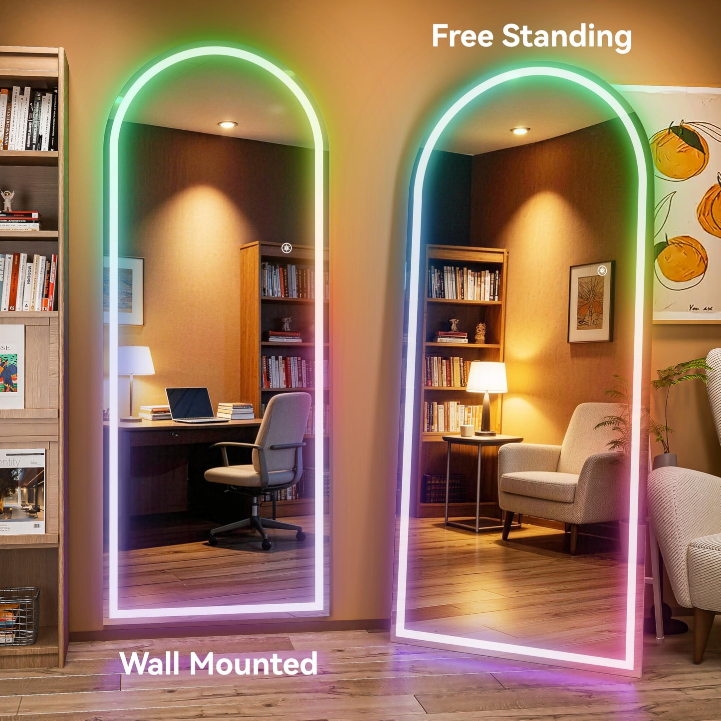 Hasipu Arch Full Length Mirror 83 x 36 in with Stand — Arch LED RGB Full Body Mirror, 7 Lighting Modes, Dimmable, Built‑in Bluetooth Speaker, White Frame for Bedroom Dressing Room