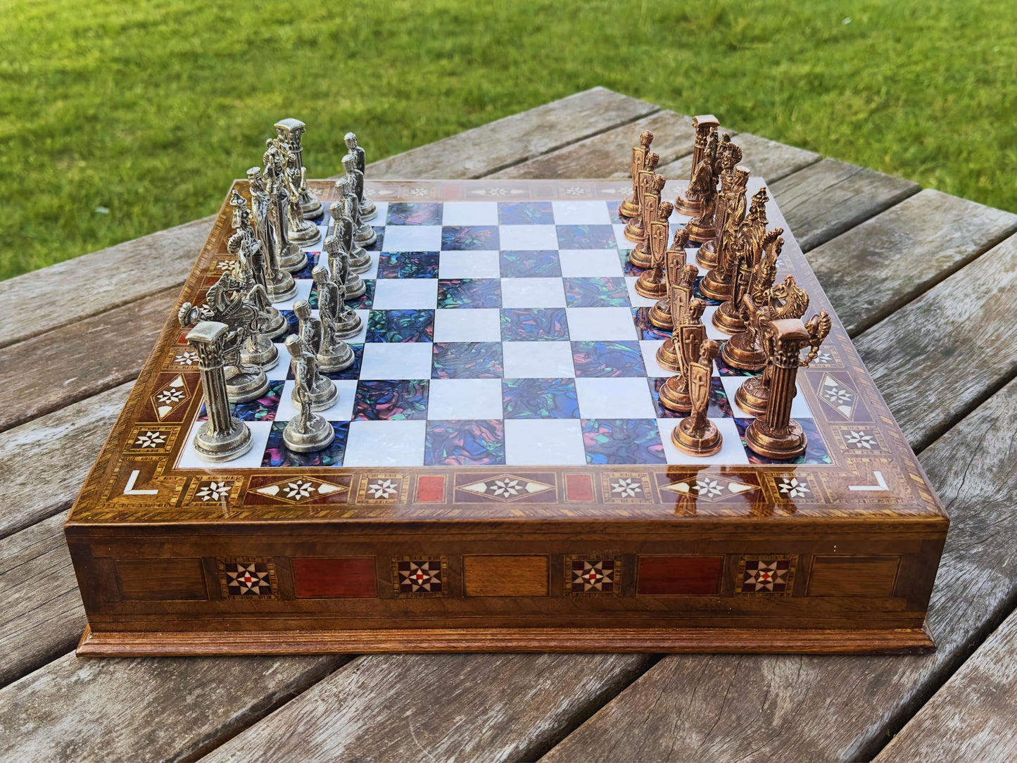 15’’ Unique Handmade Chess Set – Handmade Wooden Storage Board with Metal Chess Pieces – Luxury Gift for Men and Collectors – Gift for Dad (Purple)