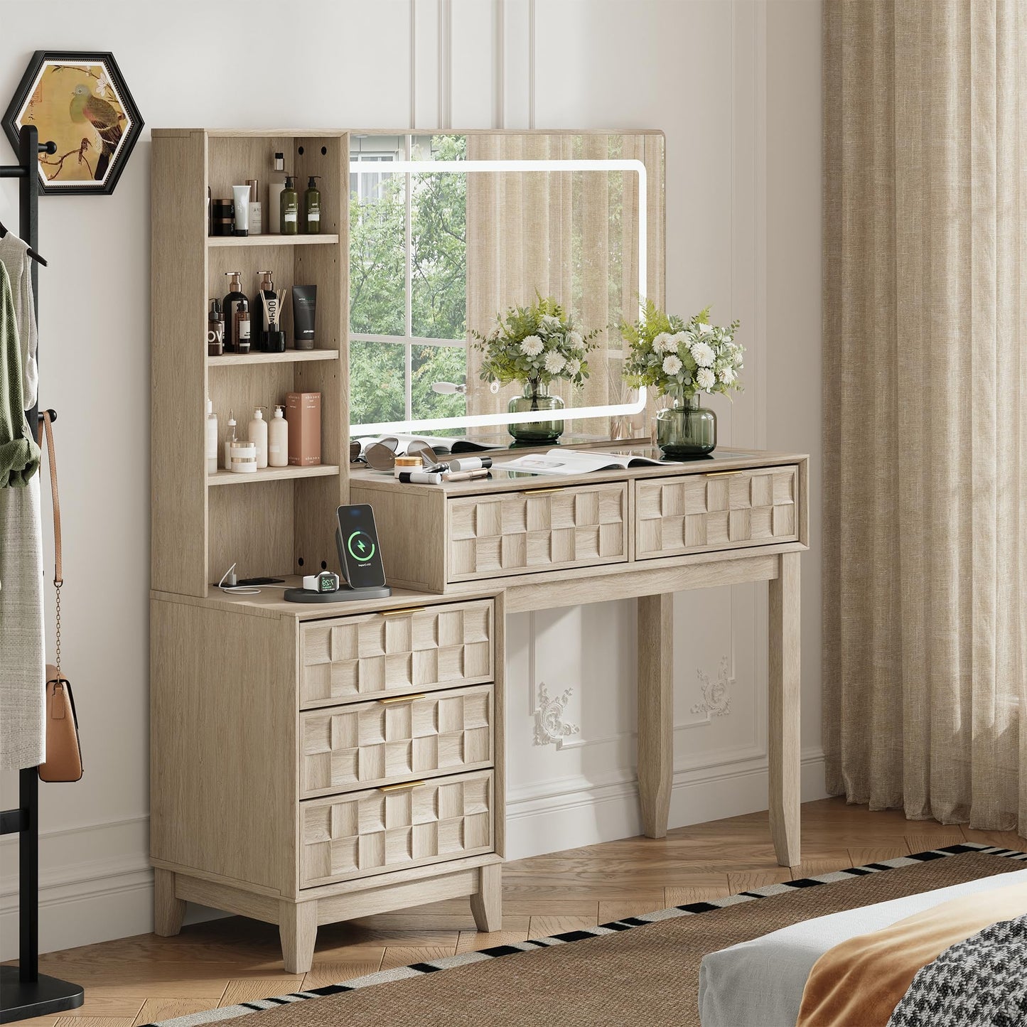 MALOL Vanity Desk, Checkerboard Wood 50" Dressing Table with 5 Drawers & 4 Storage Shelves, Large Glass Top Makeup Vanity with Built-in Power Strip with USB & Type-C, Oak Wood