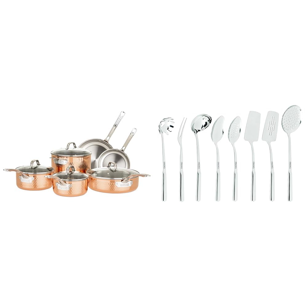 Viking Culinary 3-Ply Stainless Steel Hammered Copper Clad Cookware Set, 10 Piece, Oven Safe & Culinary 304 Stainless Steel Kitchen Utensil Set, Ergonomic Stay-Cool Handles
