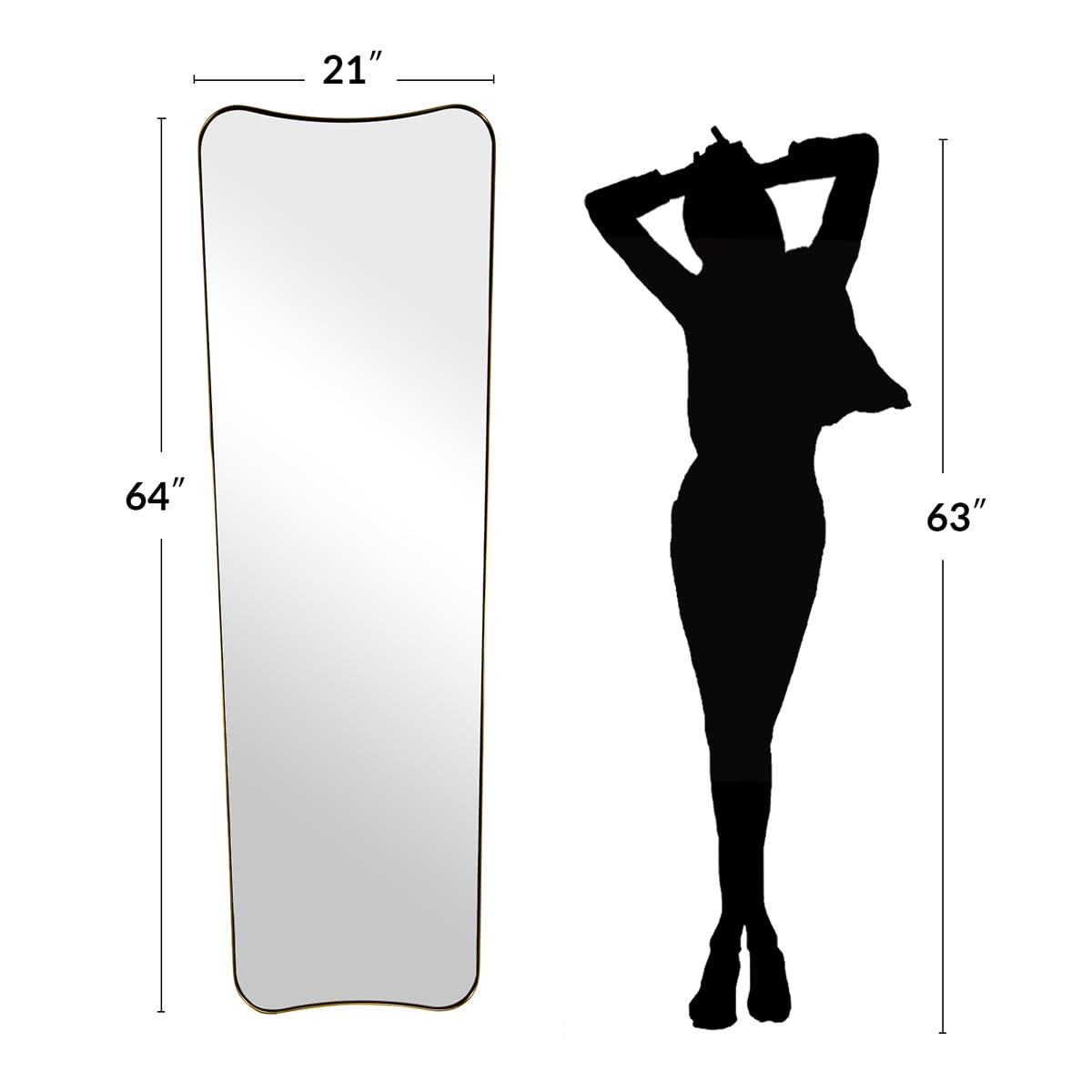 ANDY STAR Full Length Mirror 21" x 64", Gold Decorative Full Body Mirror with Stainless Steel Thin Frame, Italian Curved Edge Design, Wall Mount or Leaning for Bedroom, Cloakroom, Living Room